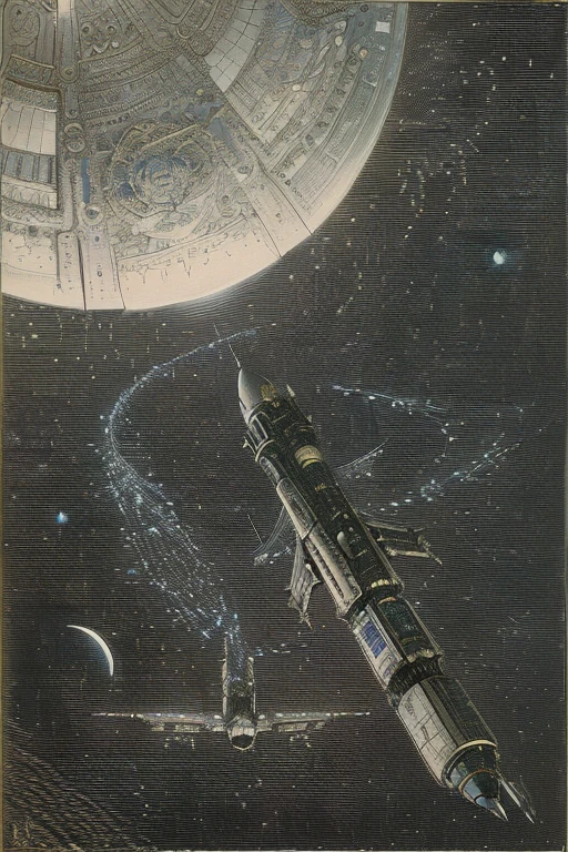 there is a drawing of a spaceship, flying in the sky, Painting of an ornate spaceship, elevator to the moon, Launch into space, full-page image of a periodical, Speculative Futurism of the 1920s, depicted as a science fiction scene, Otto Stark, Otto Eckmann, 1 9 2 0's science fiction, Illustration from 1900