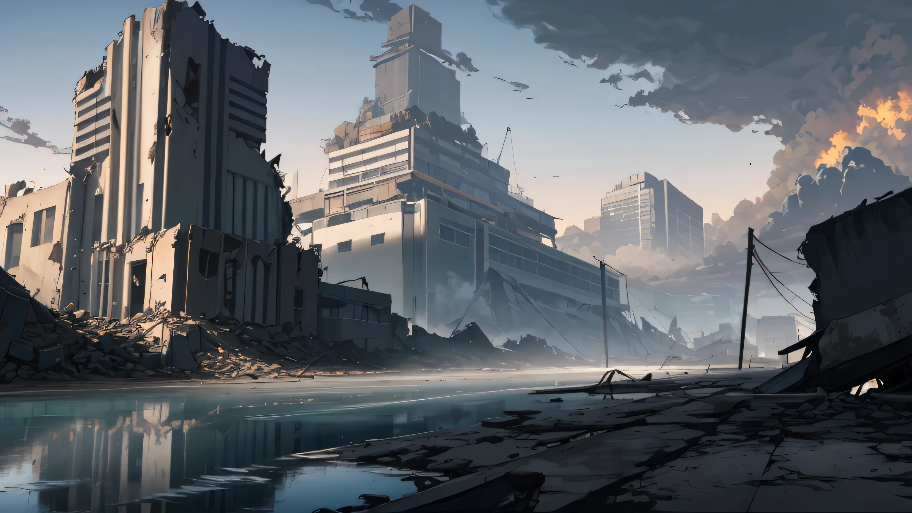 Realistic landscape, hyper detailed, post apocalyptic, Most of it is covered with water, Artificial island, detailed, Good quality, high quality, Many buildings, destroyed buildings, Completed, More darkness, Dark scenes, post apocalyptic, FOG, dark, No'many trees