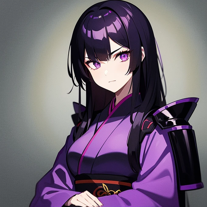 One Tall female samurai with medium black hair and purple eyes wearing black and purple armor. She is has her arms crossed looking serious with purple lighting in the background 
