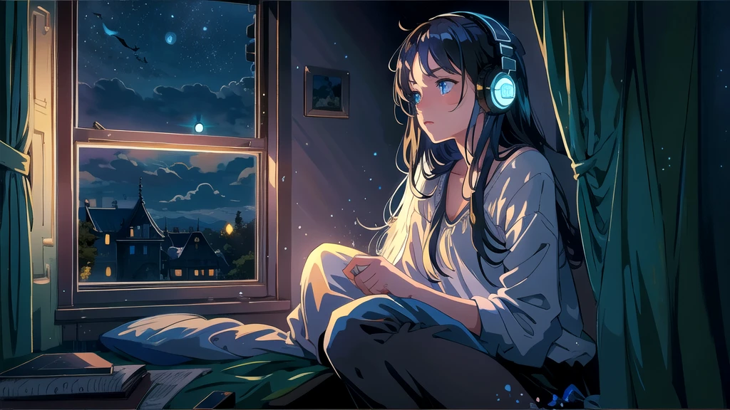 Create an illustration of a girl with dark hair and blue eyes, sitting sideways in front of the window of her room, She is wearing headphones and has a sentimental and introspective expression, Moonlight softly shines into the room, gently illuminating the space, Curtains sway in the breeze, enhancing the serene, melancholic atmosphere, Emphasizing the themes of solitude, silence, and the depths of night, the room is dark but slightly illuminated by moonlight