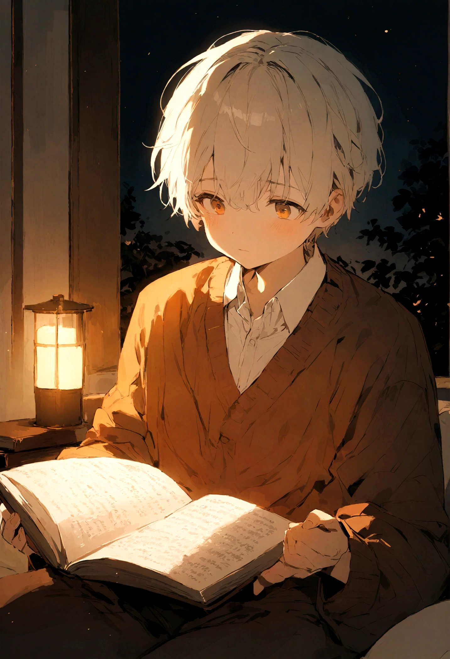 BGM、simple、calm down、high resolution、Warm colors、I read a book、Emotional、night、boy