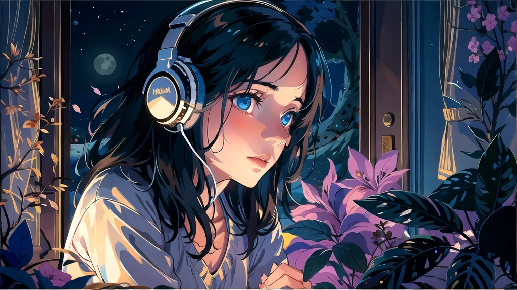 Create an illustration of a girl with dark hair and blue eyes, sitting sideways in front of the window of her room, She is wearing headphones and has a sentimental and introspective expression, Moonlight softly shines into the room, gently illuminating the space, Curtains sway in the breeze, enhancing the serene, melancholic atmosphere, Emphasizing the themes of solitude, silence, and the depths of night, the room is dark but slightly illuminated by moonlight