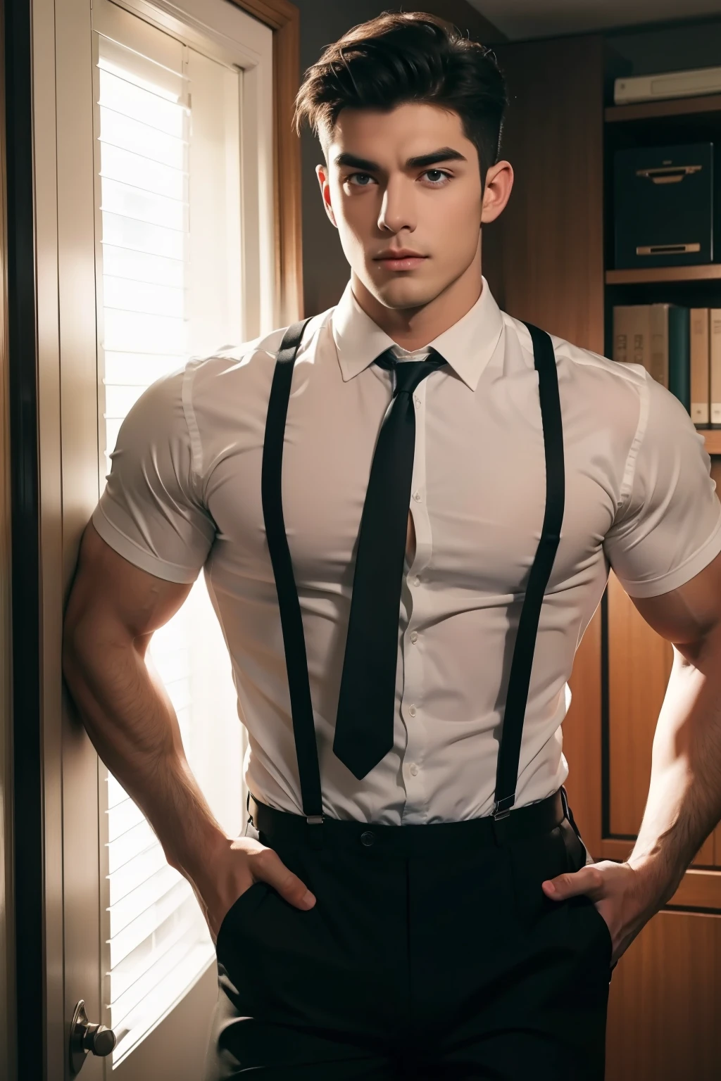 Generate an image of a muscular young man with dark, tousled hair and cat ears, sitting in a chair. He is visibly flushed and sweating, wearing a partially unbuttoned uniform shirt with a red tie, a harness, and various straps and buckles. His expression is a mix of exhaustion and pleasure, with a faint blush on his cheeks. The background is a plain, slightly grungy room, giving a gritty and intense atmosphere