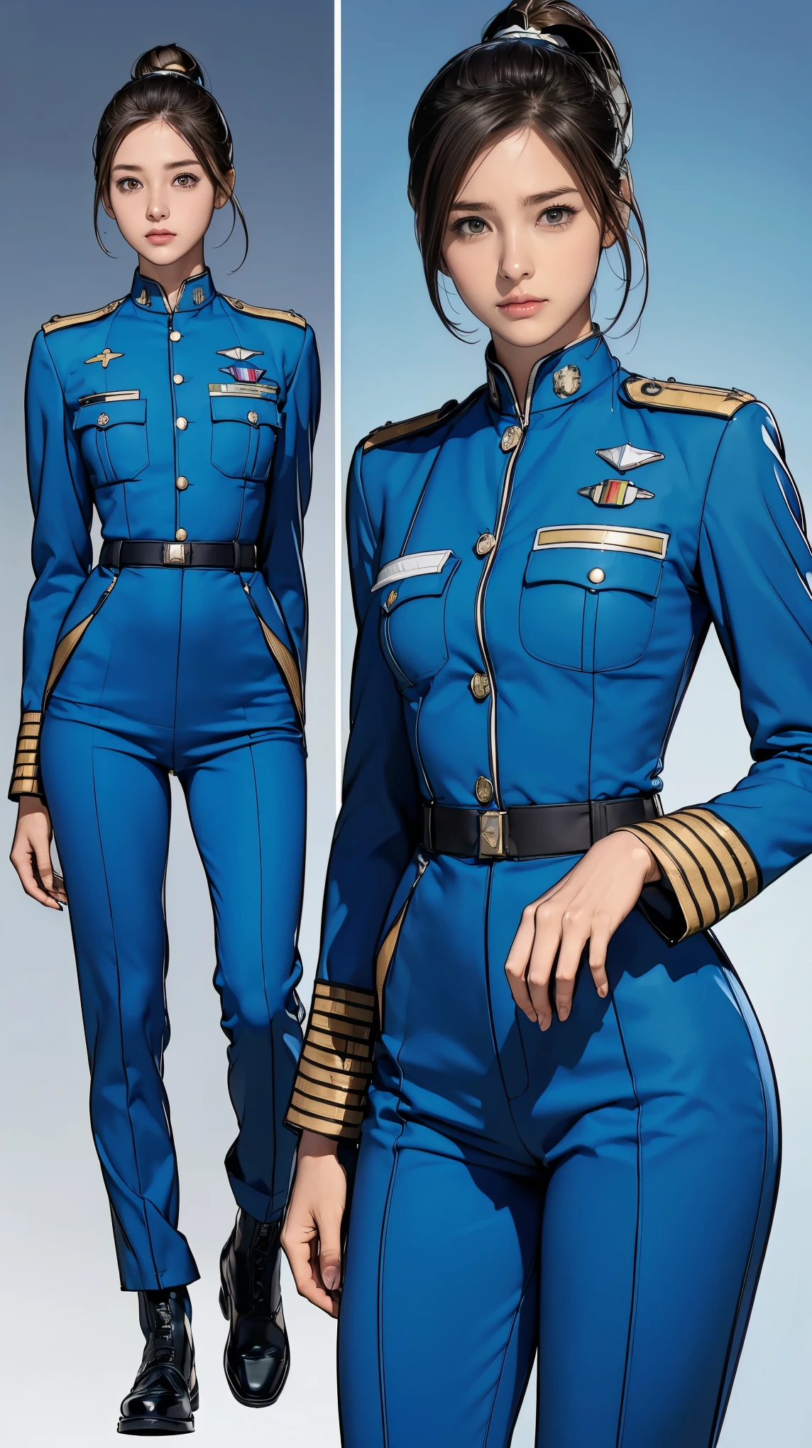 ((masterpiece)),(((highest quality))),((Reference Sheet, Character Design, front, return, ~ ~ side, Mr..々Hairstyle, Mr..々Performance, Facial Expressions)), -yeld gi Cute type, (Very slim:1.4), (Very small ass:1.4), Realistic buttocks, (Medium bust:1.4), Brown hair in a ponytail,Thin thighs, Long legs, It's not a big deal,(A female Earth Federation officer is walking), (Wearing Earth Federation military uniform, White and blue military uniform),(Worn by federal government employees'White Hat:1.5)
