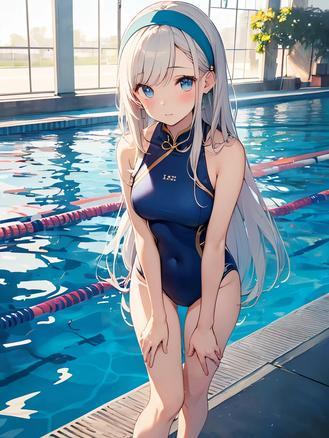 ((2D Beautiful Girl、highest quality：1.1、Perfect Fingers:1.2、Perfect Anatomy:1.2、Perfect outfit、Perfect Face：1.1、Beautiful illustrations))、(Conversion Sequence)、((cute decorative headbands、white, blue and gold cheongsam swimwear：1.1)、14 years、Solio、princess、Fractal Art、Baby Face、((Straight Long Hair))、(Slim and beautiful legs)、Big droopy eyes：1.1、（Full body shot：1.1、Long Shot Photography）、((1 person))、School poolside、Embarrassing、blush、standing、