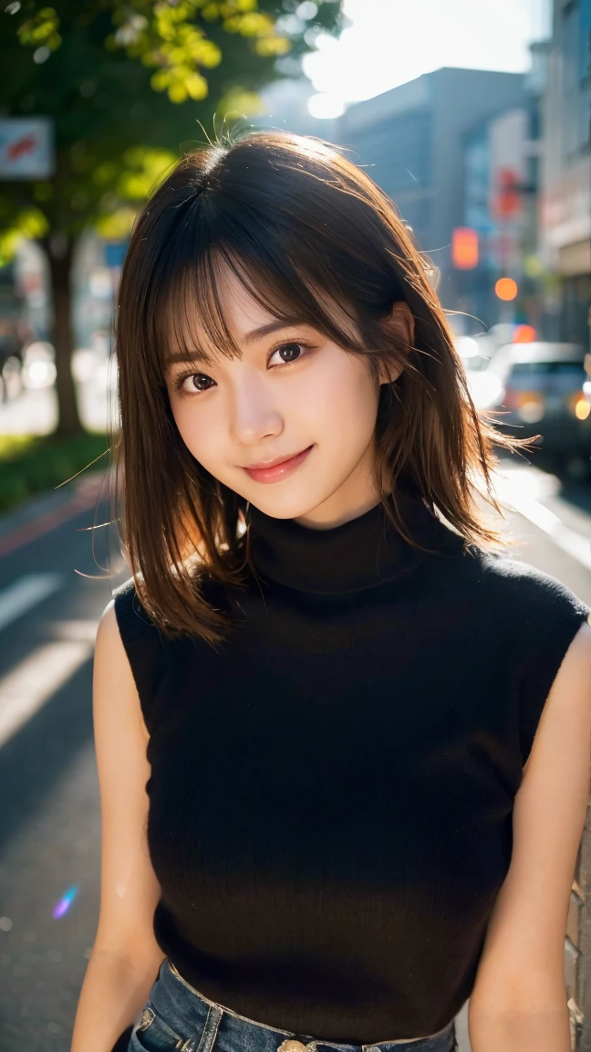 (highest quality,masterpiece:1.3,ultra high resolution),(Super detailed,caustics,8k),(photorealistic:1.4,RAW shooting),1 girl,(look at the camera with a smile),20-year-old,cute,Japanese,black hair long bronde, wearing sleeveless turtleneck sweater, tight blue jeans, big ,bust up shot,street,face focus,Natural light,Backlight,(A bright light shines from above),(Lens flare),professional writing,(low position),(Low - Angle)