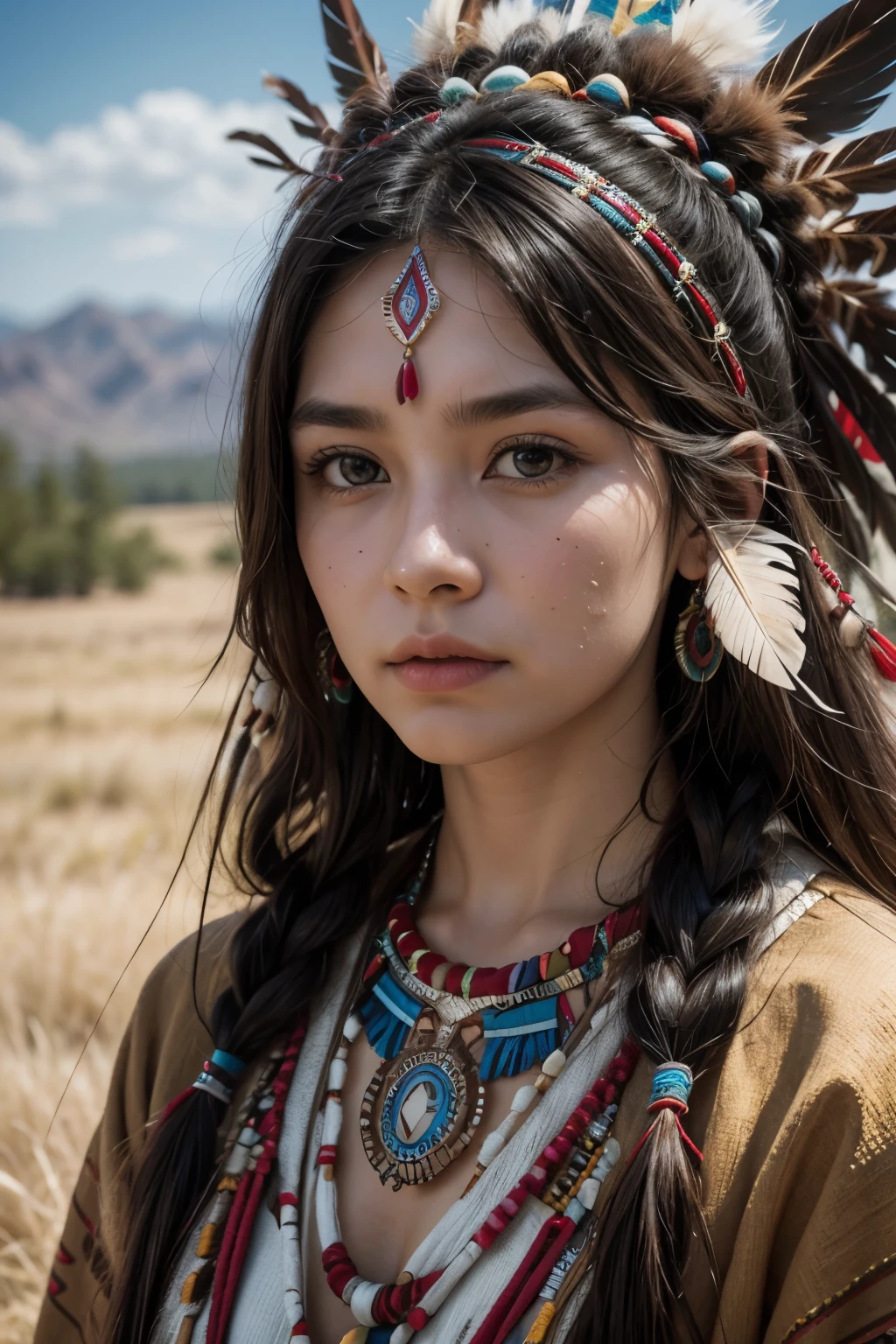 8k, highest quality, Super detailed, Native American women, traditional native american clothing, Intricate beadwork, Feather ornament, Strong and stoic expression, A deep connection to the land