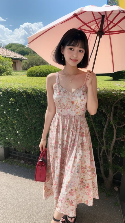 (8k, Photorealistic, Raw photo, Highest quality: 1.4),Japanese idol style１Beautiful girl of the person,18-year-old,Short bob hairstyle,Black Hair,She has her hair tucked behind her ears,She has small earrings in her ears,Big, clear grey eyes,Long eyelashes,Plump Cheeks,She is wearing pink lipstick,Apply gloss over your lipstick for glossy, plump lips,Smiling,A short pendant is hanging around her neck.,The nails on both hands are painted with light pink nail polish.,Both toenails have red nail polish,(She is wearing a sleeveless floral dress,(Long length :1.2)),wearing sandals on bare feet,Walking in the park,Holding a parasol,Holding the handle of a parasol with both hands,Full body portrait