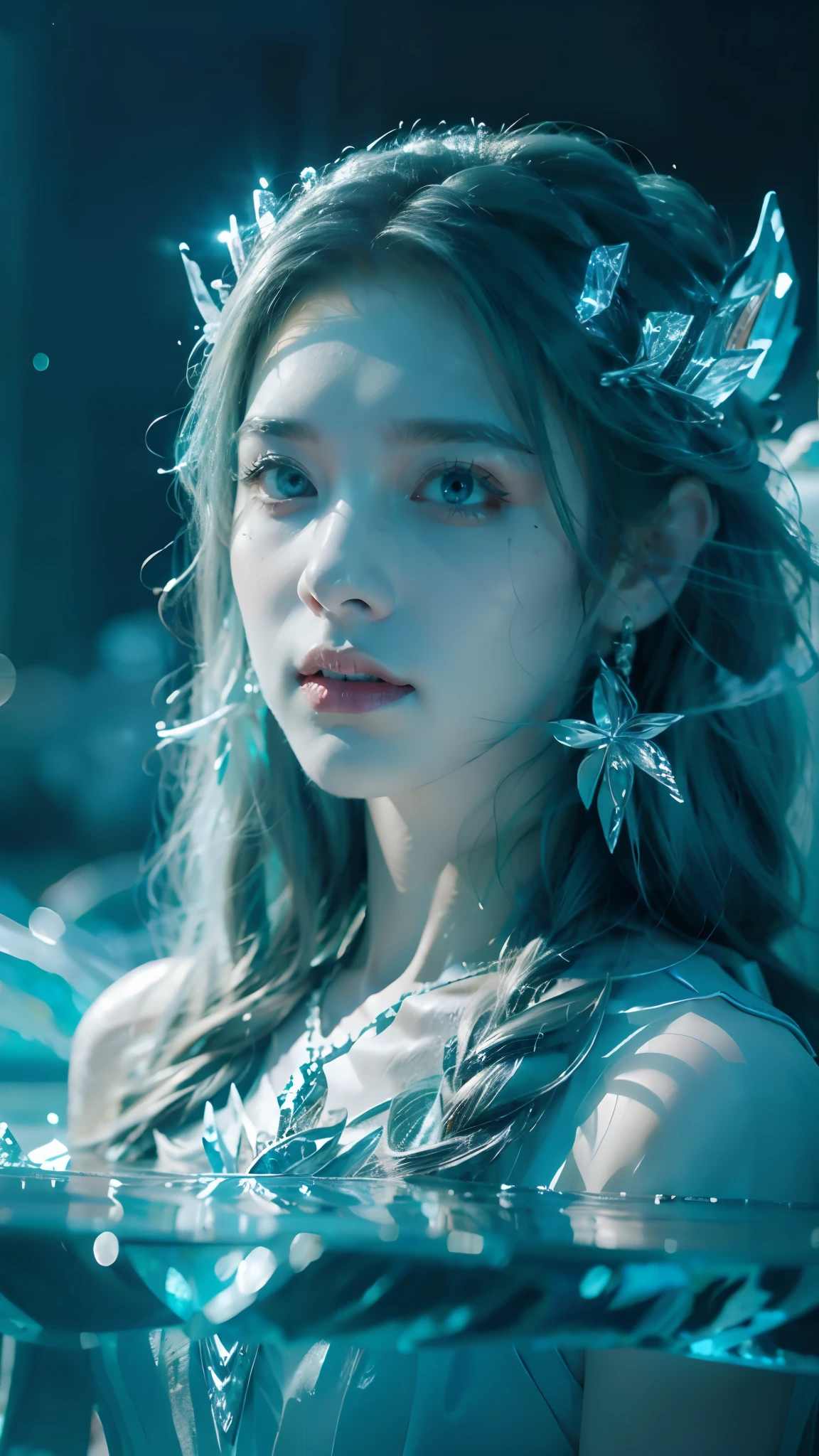 Frost Goddess,Frozen fluid,Ice World,ice,1girl,Light blue hair,air bubble,blue eyes,bubble,caustics,eyeliner,face,floating hair,Ice gemstone,jewelry,The Crown of Ice,Ice feathered hair,Ice Gemstone Metal Silver Necklace,lake,liquid hair,long hair,Ice crystal,looking at viewer,close-up,parted lips,pool,ripples,solo,splashing,teeth,underwater,wading,water,water drop,waves