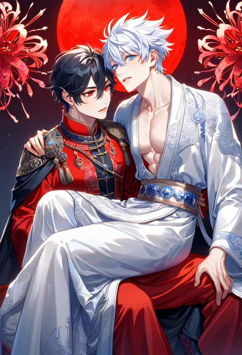 absurdres, highres, ultra detailed, HDR, master piece, best quality, extremely detailed face, delicated features, Xue Yu, untamed spiky hair, short hair, black hair, hair between the eyes, expressive red eyes, Thousand Years War, Gojou Satoru, white hair, expressive blue eyes, two sexy men sitting together, gay couple, yaoi, handsome, toned chest, black cape, red robes, white robes, accessories, patterns, red sky, red butterflies, red spider lilies, fantasy, magical, radiant moon