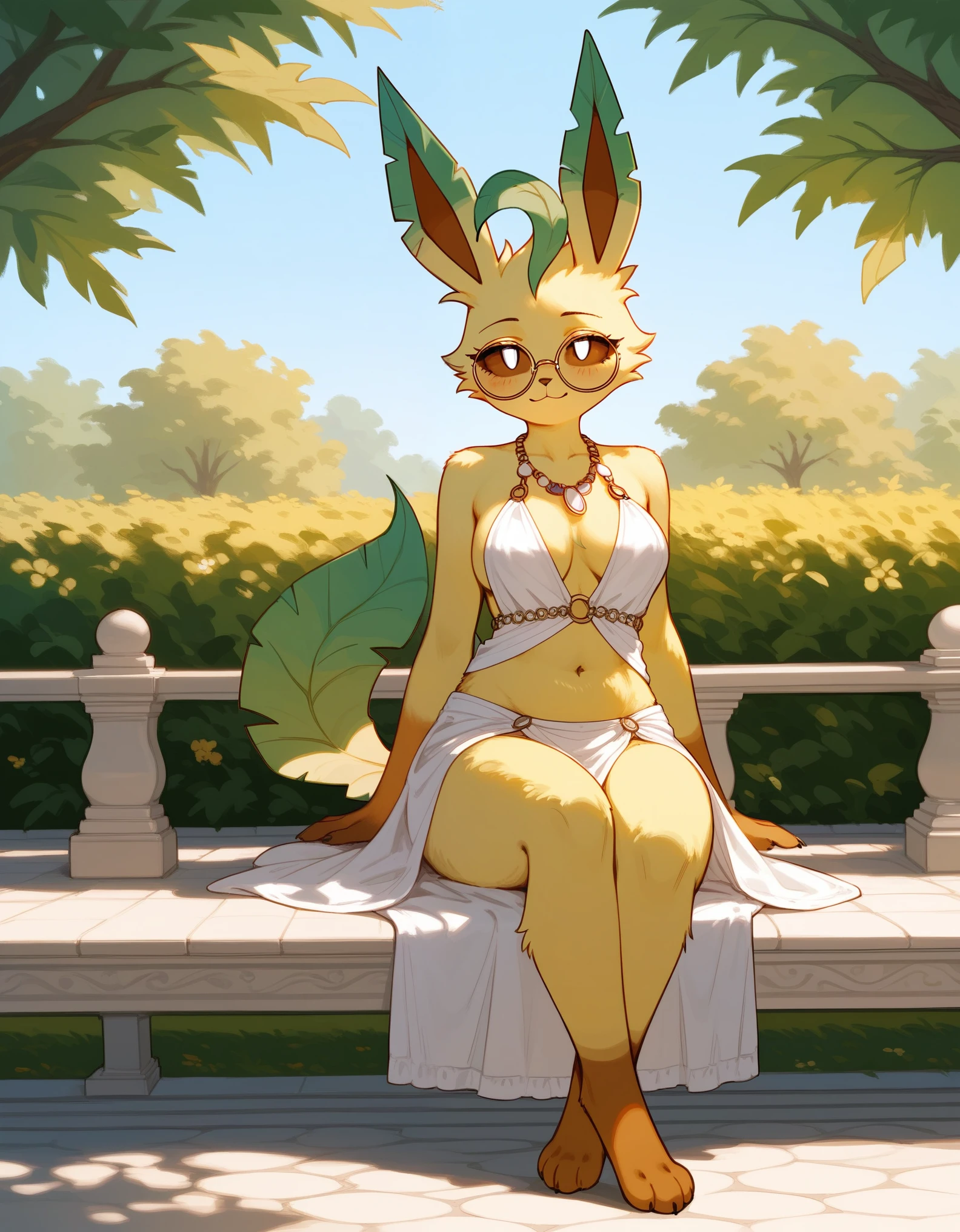 score_9,score_8_up,score_7_up, anthro furry female leafeon Pokemon, wearing short skimpy white hippie dress, big round glasses, eyes half opened, bored eyes, smiling softly, 4 toes, white eyes, brown sclera, outdoors, at a park, flowery decorations in the background,