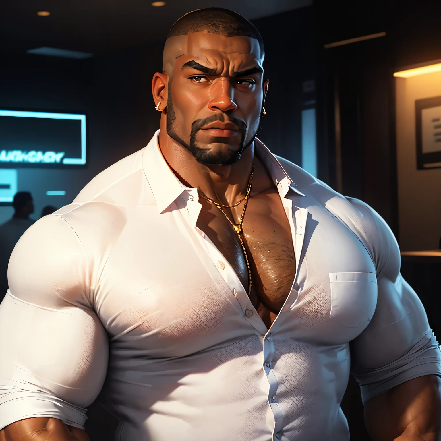 an exaggeratedly muscular and large bodyguard, beefy build, beard, dark-skinned african american male, buzzcut hair with square line, (worried expression: 1.2), (wearing white business casual shirt: 1.2), wearing backpack, earrings, gold necklace, (bara pecs: 1.3), beefy pecs, (arm and chest hair: 1.2), portrait HD, (neon night club)