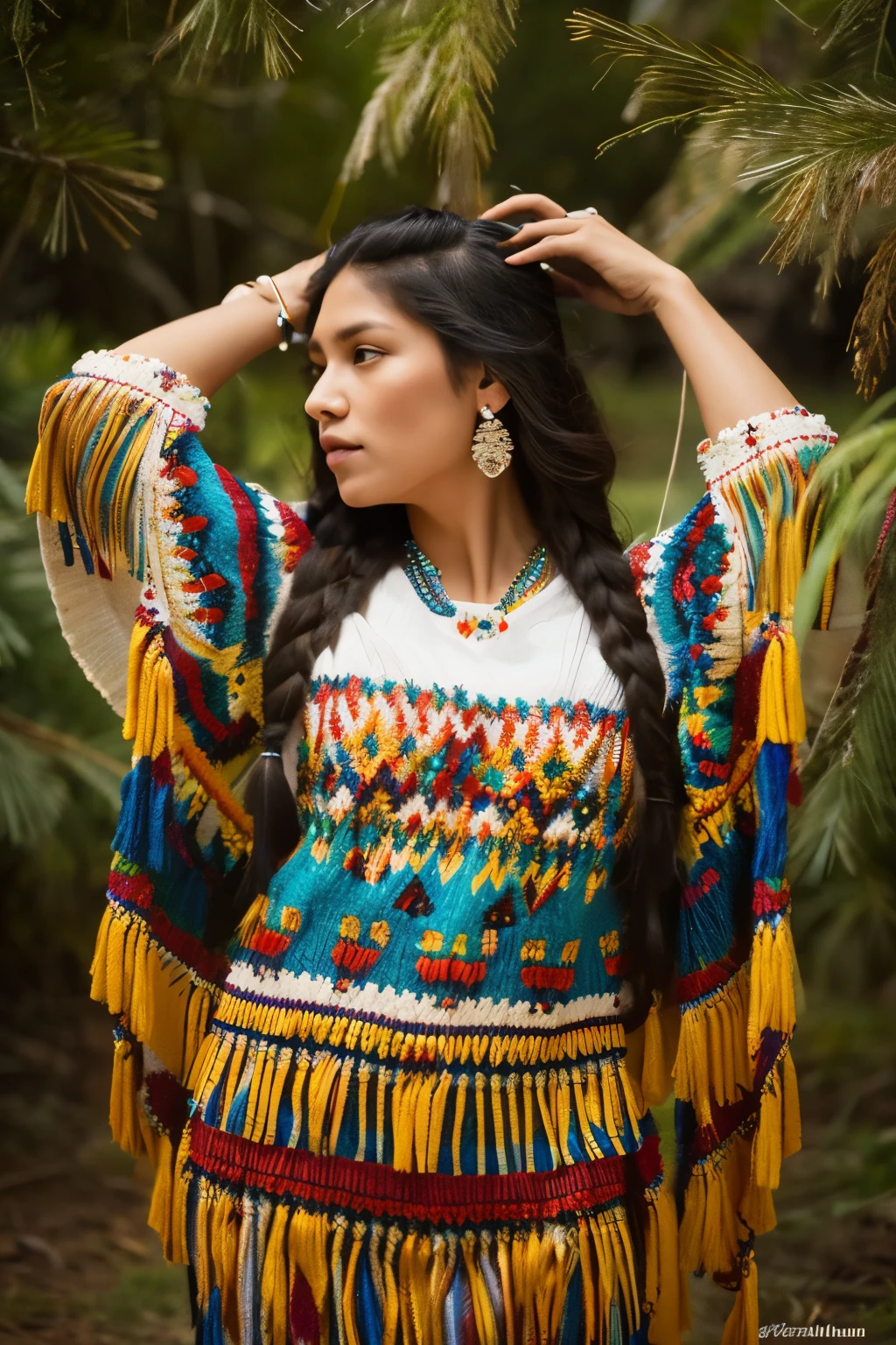 8k, highest quality, Super detailed, Native American women, traditional native american clothing, Intricate beadwork, Feather ornament, Strong and stoic expression, A deep connection to the land