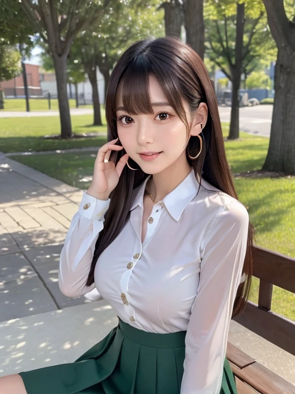 ((highest quality)), ((masterpiece)), (detailed),Japanese Beauty, One Girl, (beautiful girl:1.3), (20-year-old:1.2), Very fine grain definition, (Symmetrical eyes:1.3), Beautiful breasts, Brown eyes, Parted bangs, Dark Hair, sitting on a bench in a green park, (Putting your hair over your ears with your right hand:1.5), Smiling a little embarrassed, camisole, Wearing a see-through shirt, Open all the buttons on your shirt, skirt