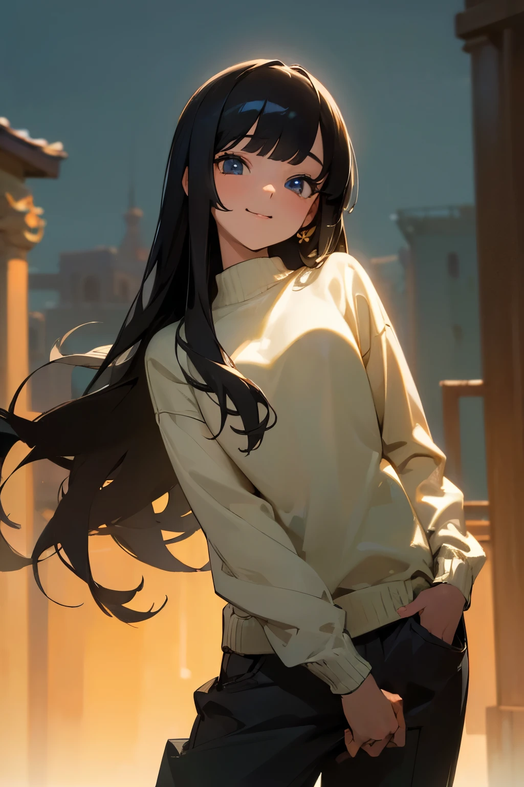 (masterpiece, best quality:1.6), cute eyes, ultra detailed face, raw photo, incredibly absurdres, cinematic lighting, highres, sharp focus, highest detailed, 
BREAK 1girl, long hair, black hair, straight hair, blunt bangs, warm smile, happy, tilt head, 
sweater, pants, 
dutch angle, cowboy shot, 
BREAK outdoor, beautiful background view

