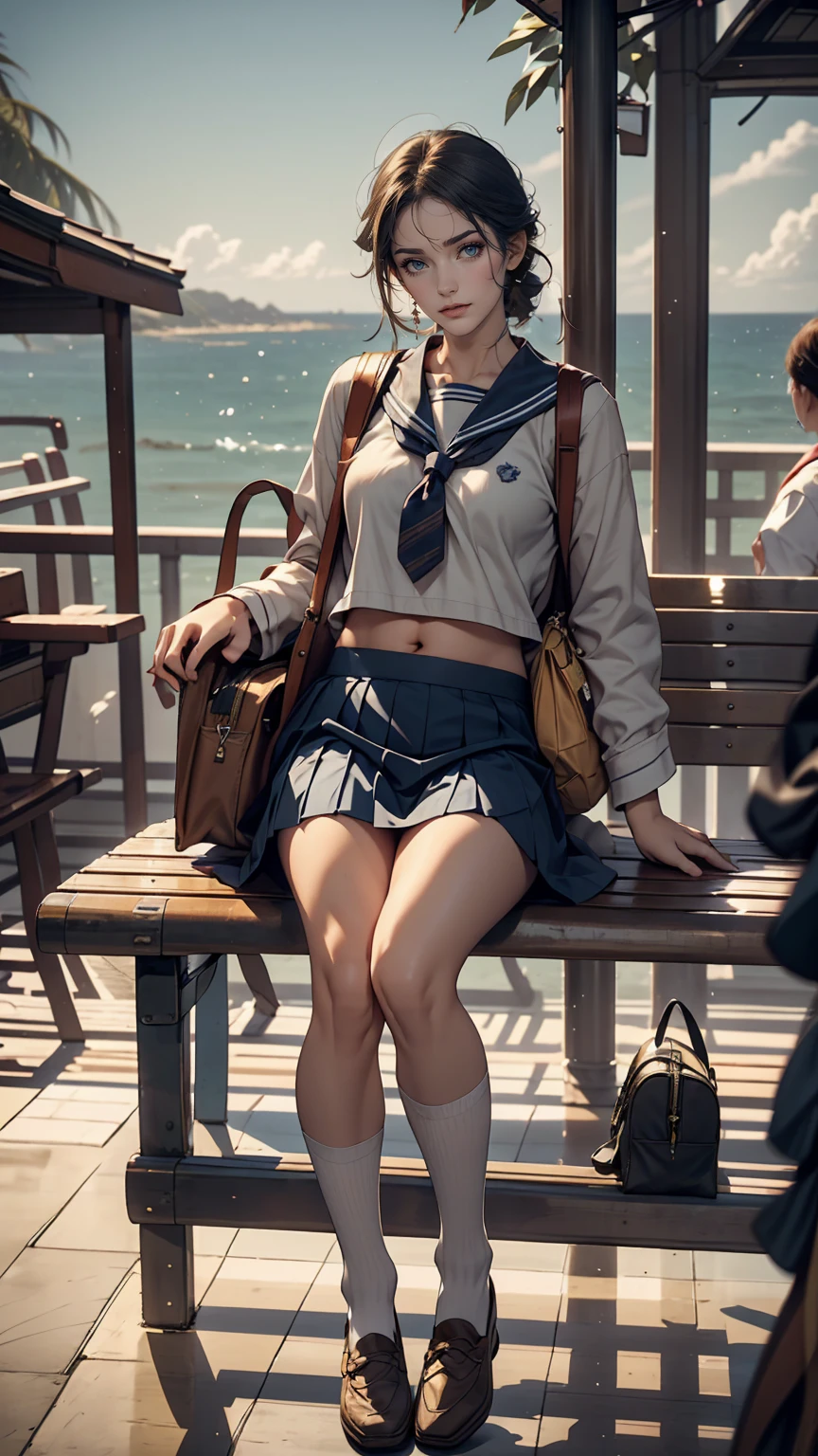 Japanese women、high school girl、White sailor suit summer uniform、Navy low rise pleated skirt、I can see my belly button、White socks、loafers、Carrying a school bag、Near the sea with a view of the horizon、Bus stop in the countryside、Sitting on an old plastic couch