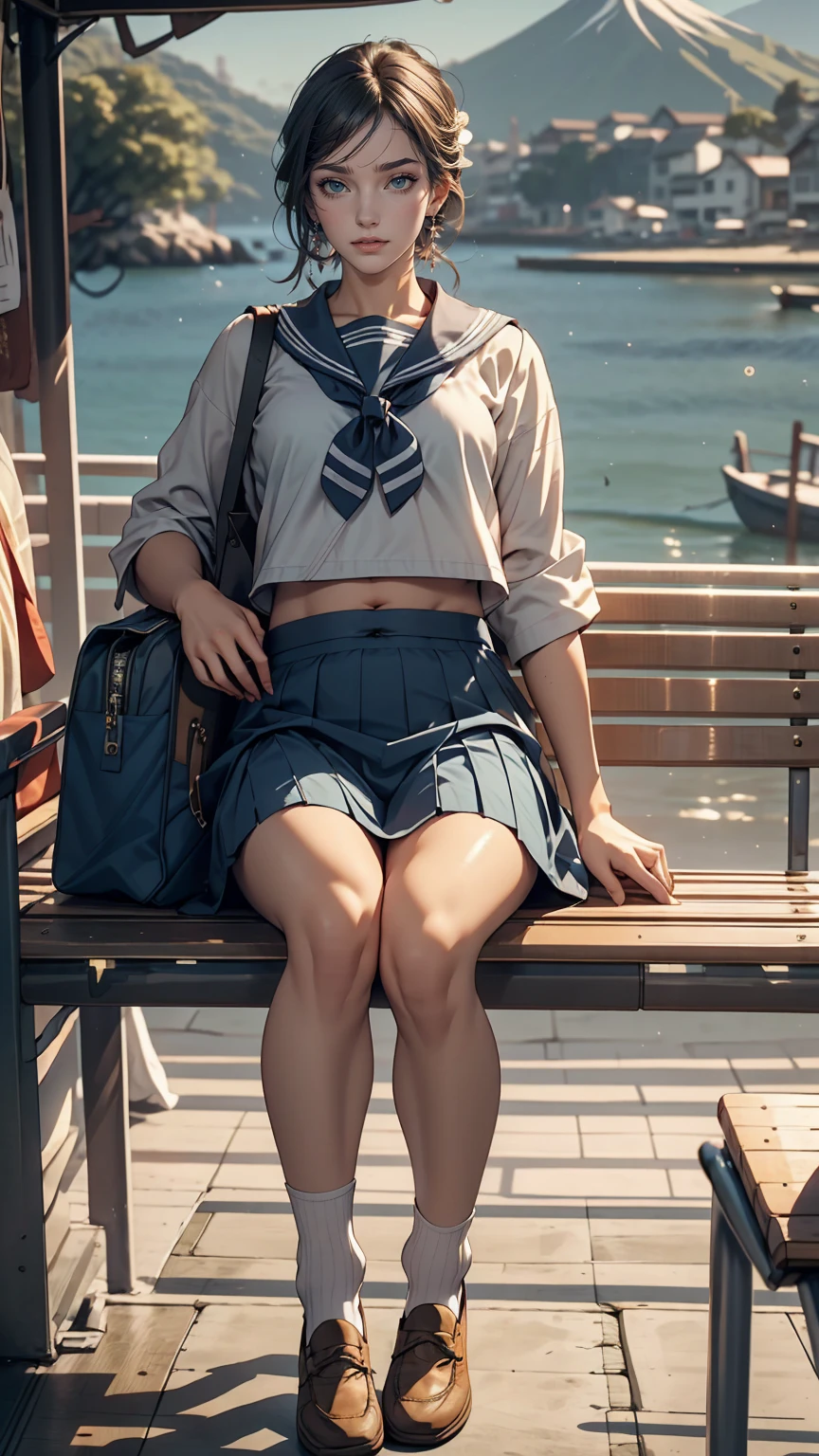 Japanese women、high school girl、White sailor suit summer uniform、Navy low rise pleated skirt、I can see my belly button、White socks、loafers、Carrying a school bag、Near the sea with a view of the horizon、Bus stop in the countryside、Sitting on an old plastic couch