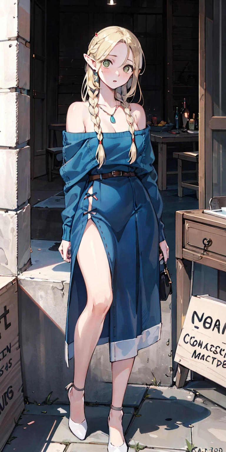 1girl in, age19, Solo, Long hair, Colossal , Looking at Viewer, blond hair, Bare shoulders, Brown eyes, jewelry, Full body, a necklace, off shoulders, Sweaters, Realistic, A sexy Marcille Donato