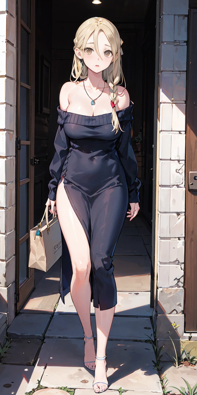 1girl in, age19, Solo, Long hair, Colossal , Looking at Viewer, blond hair, Bare shoulders, Brown eyes, jewelry, Full body, a necklace, off shoulders, Sweaters, Realistic, A sexy Marcille Donato
