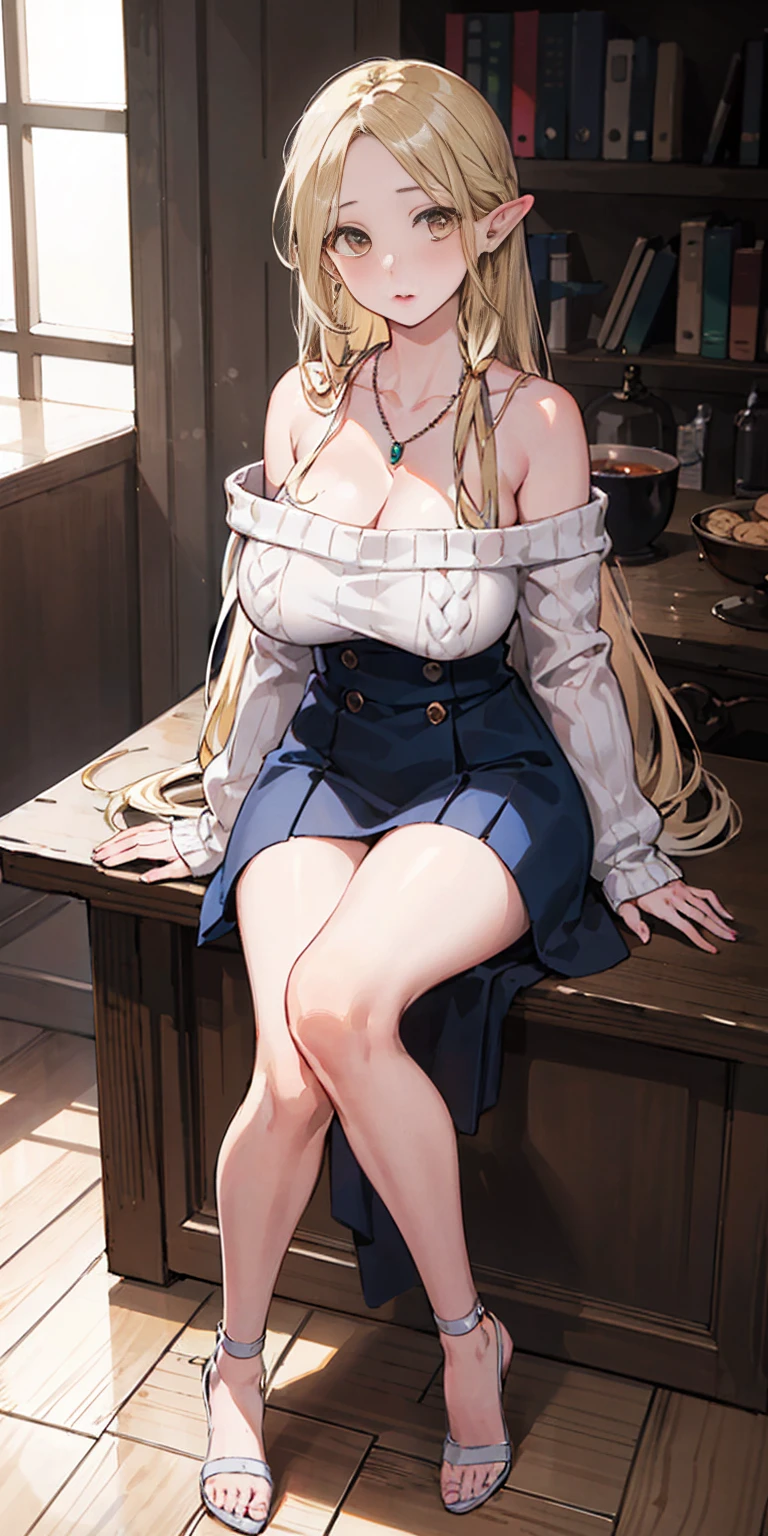 1girl in, age19, Solo, Long hair, Colossal , Looking at Viewer, blond hair, Bare shoulders, Brown eyes, jewelry, Full body, a necklace, off shoulders, Sweaters, Realistic, A sexy Marcille Donato