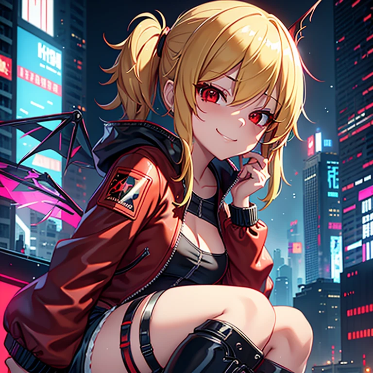 1 girl, solo, Flandre Scarlet, touhou, masterpiece, blonde hair, side pony tail, red eyes, smug smile, alternate costume, black and red bomber jacket, RGB light wings, punk rock shorts, leather boots, cyberpunk art style, cyberpunk cityscape, wide shot