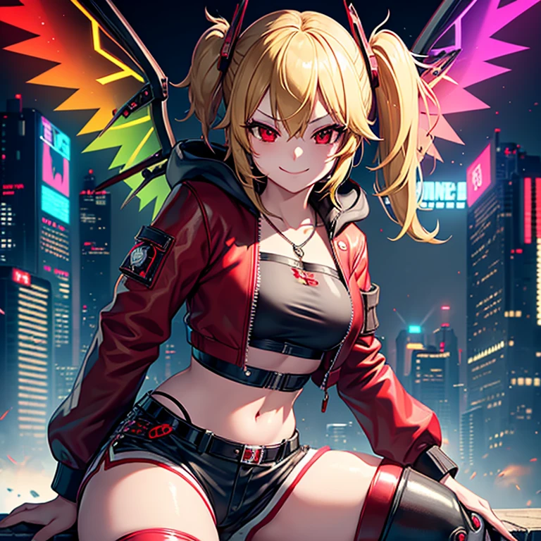 1 girl, solo, Flandre Scarlet, touhou, masterpiece, blonde hair, side pony tail, red eyes, smug smile, alternate costume, black and red bomber jacket, RGB light wings, punk rock shorts, leather boots, cyberpunk art style, cyberpunk cityscape, wide shot