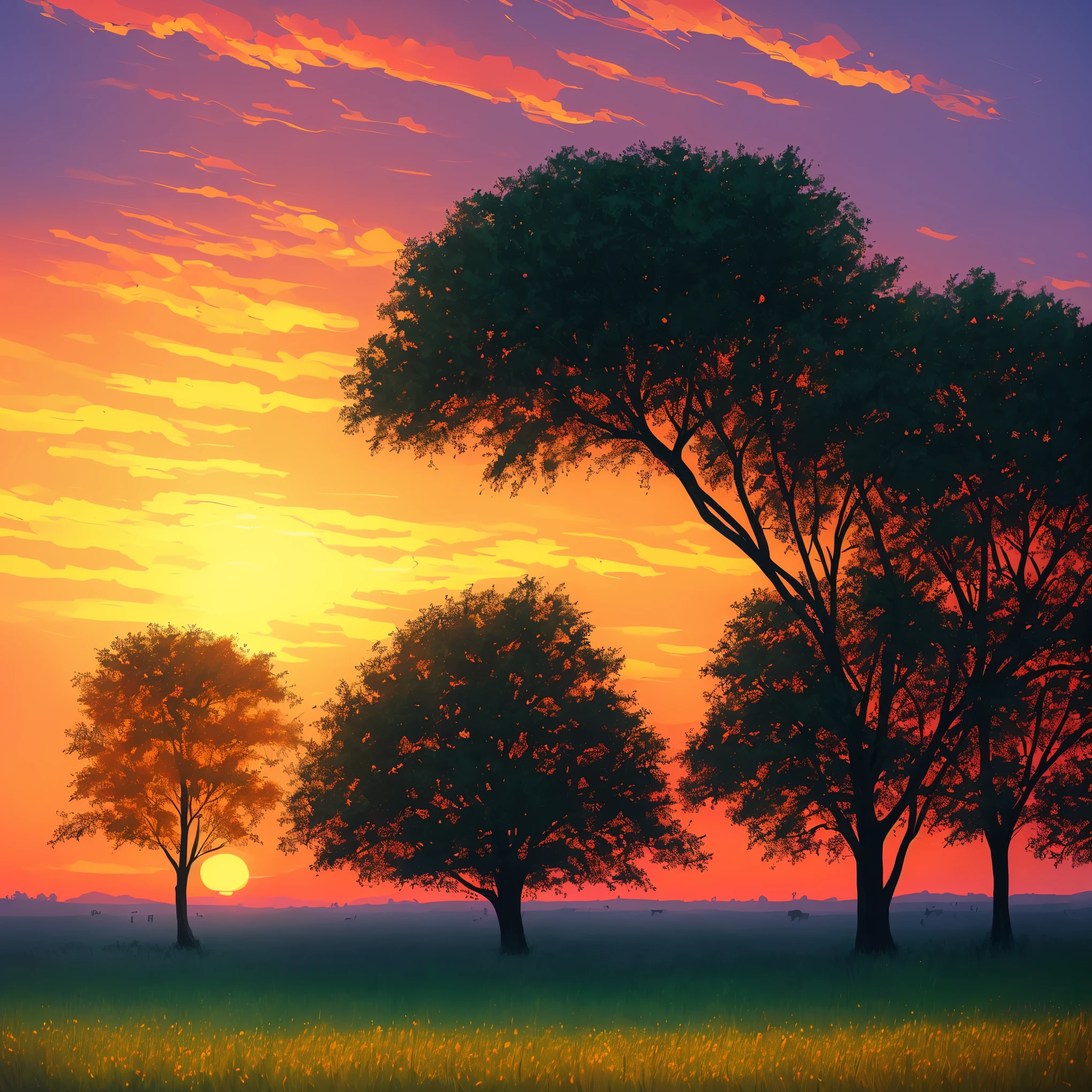 a painting of a sunset with trees and grass in the foreground, a digital painting by sylvain sarrailh, trending on Artstation, conceptual art, sunset illustration, summer sunset, beautiful illustration, art of alena aenami, beautiful dusk, artistic. alena aenami, sunset glow, beautiful sunset glow, style of alena aenami, beautiful sunset