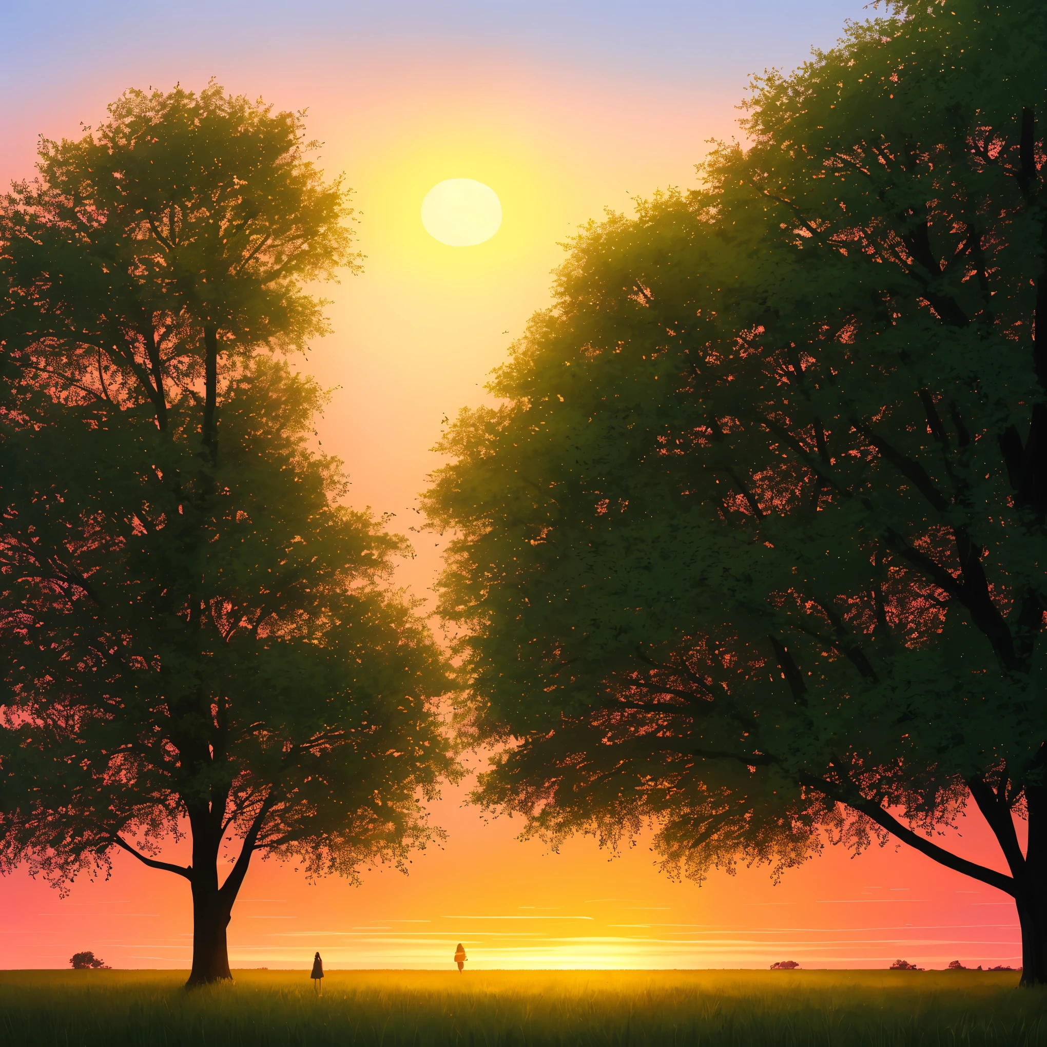 a painting of a sunset with trees and grass in the foreground, a digital painting by sylvain sarrailh, trending on Artstation, conceptual art, sunset illustration, summer sunset, beautiful illustration, art of alena aenami, beautiful dusk, artistic. alena aenami, sunset glow, beautiful sunset glow, style of alena aenami, beautiful sunset