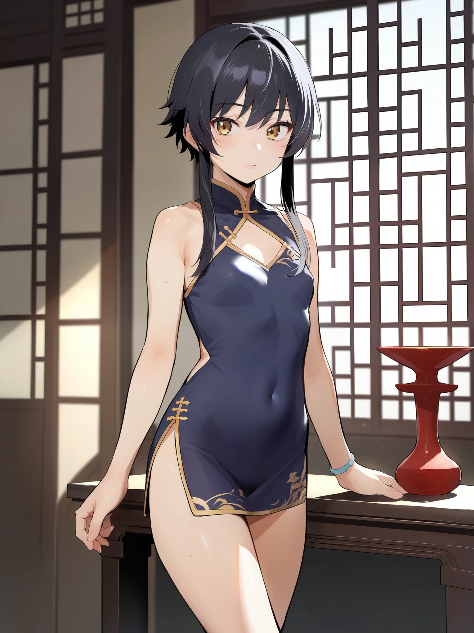 (score_9,score_8_up,score_7_up), kisaki(blue archive), 1girl, solo, long hair, looking at viewer, smile, blue eyes, simple background, black hair, hair ornament, white background, dress, bare shoulders, sitting, purple eyes, ass, parted lips, barefoot, sleeveless, looking back, hair bun, from behind, black dress, double bun, sleeveless dress, back, wariza, chinese clothes, china dress, butterfly hair ornament