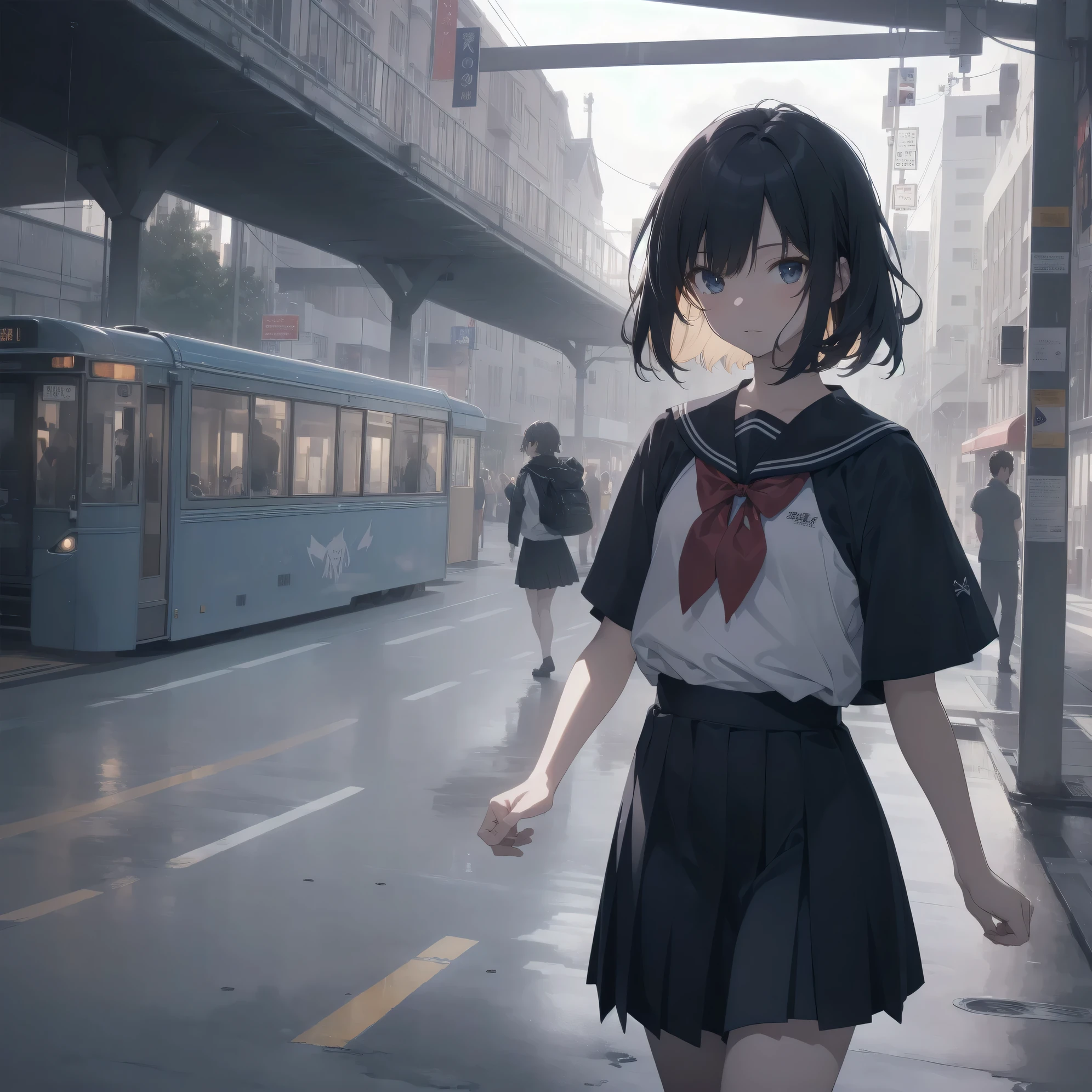 ultra-absurdres-Top quality by artist God, ultra-detailed, high resolution, anime moe artstyle, best anime 8k konachan wallpaper, pixiv contest winner, pool:2810, perfect anatomy,break, 1girl, (Please draw a girl walking sleepily to school alone. )break,(Solo,little female, 13-year-old:1.3),Full limbs, complete fingers,a junior high school student, (very short hair), short cut, flat chest, , small butt, small black eyes, beautiful detailed eyes, well-proportioned iris and pupils, expressive eyes, highres detailed hair, soft expression, salor school_uniform, sailor collar, serahuku, bow, pleated skirt,(Detailed Lighting), (Detailed background), in the School commute route. break,super detailed skin, Best cinematic lighting powered by famous artist, 8k,beauty illustration,photoshop_(medium),very aesthetic,break,((artist:tsuda_nanafushi )), artist:clamp ,artist:carnelian ,artist:kantoku ,