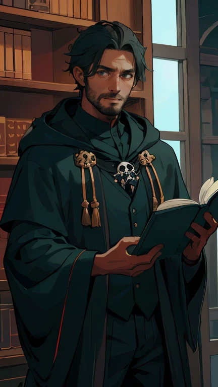 1 young man, dark toned skin, black messy short hair, brown eyes, black rimmed glasses, facial hair, stubble beard, wizard robes with hood, evil necromancer magic, handsome, brown skin tone, neon green magics, neon teal magics, looking at viewer, arrogant, smirking, magic runes, best quality, portrait, casting magics, posing, bookcase in background, books with skulls, evil anime villian, handsome man, black clothes