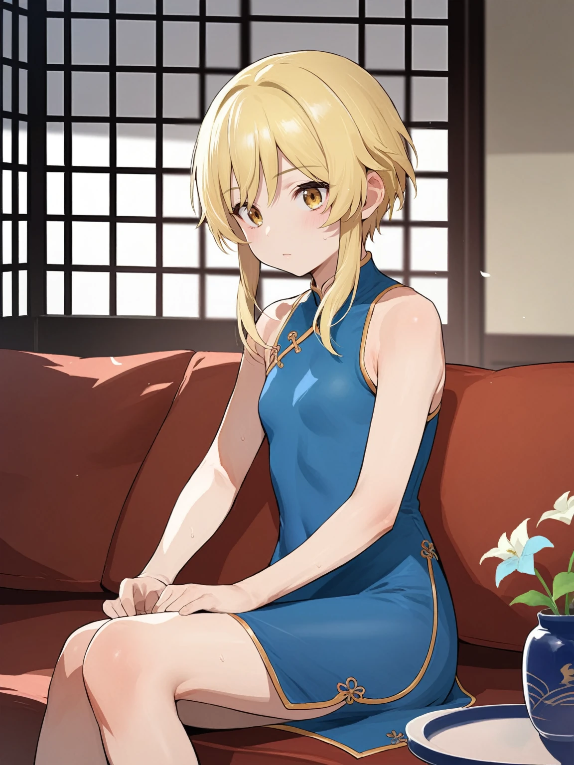 score_9, score_8_up, source_anime, solo, 1girl, tomboy, dress, lumine, lole, young, ((aged down)), ikuchan, black hair, blonde hair, oriental, Chinese dress, short dress, short hair, indoors