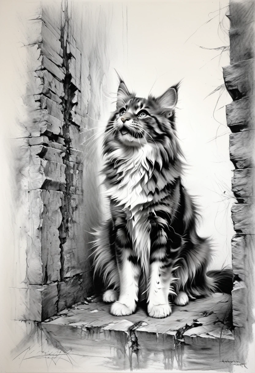(masterpiece), (best quality), (ultra detail), Charcoal and chalk drawings. Sketch, (Hyperrealism), mj, RTX, 4k, HDR, Anna Razumovskaya, Casey Baugh, Antonio Mora, Aminola Rezai, Giovanni Boldini, art, sneezing Mainecoon tearing apart the wall because the color sucks!, master class on painting in the style of Anders Zorn, Alexi Briclot, Luis Royo
