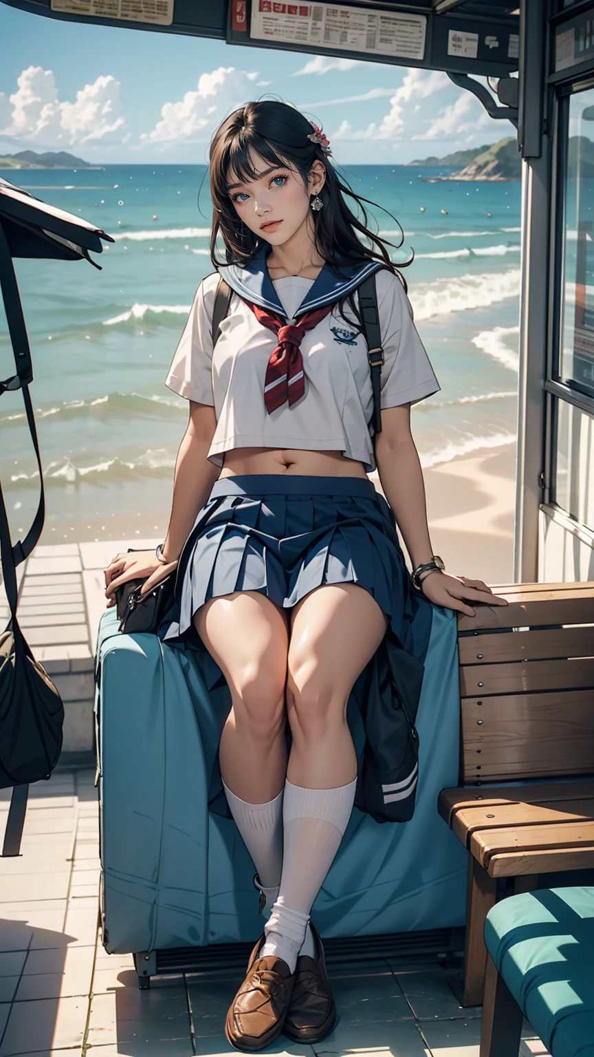 Japanese women、high school girl、White sailor suit summer uniform、Navy low rise pleated skirt、I can see my belly button、White socks、loafers、Carrying a school bag、Near the sea with a view of the horizon、Bus stop in the countryside、Sitting on an old plastic couch