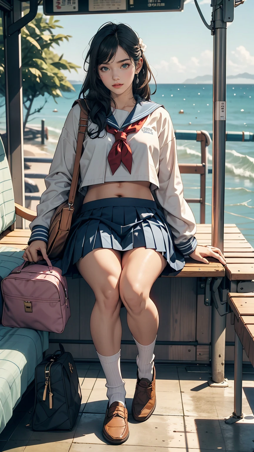 Japanese women、high school girl、White sailor suit summer uniform、Navy low rise pleated skirt、I can see my belly button、White socks、loafers、Carrying a school bag、Near the sea with a view of the horizon、Bus stop in the countryside、Sitting on an old plastic couch