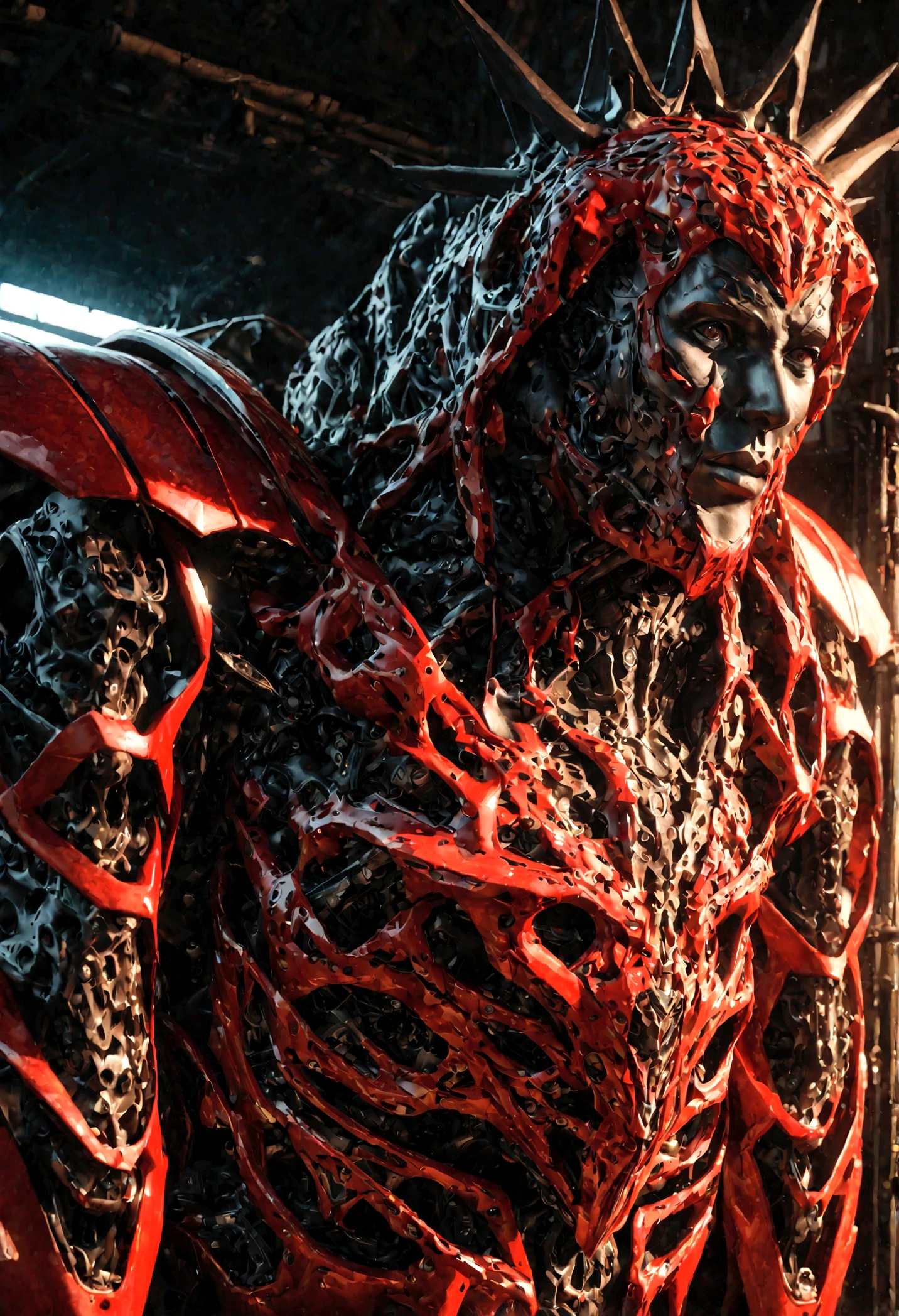(Swiss man), fl3sh4rmor, wearing flesh exosuit, blood, meat, veins, fantasy background, dynamic pose, fighting stance,, realistic, masterpiece, intricate details, detailed background, depth of field, photo of a handsome man,