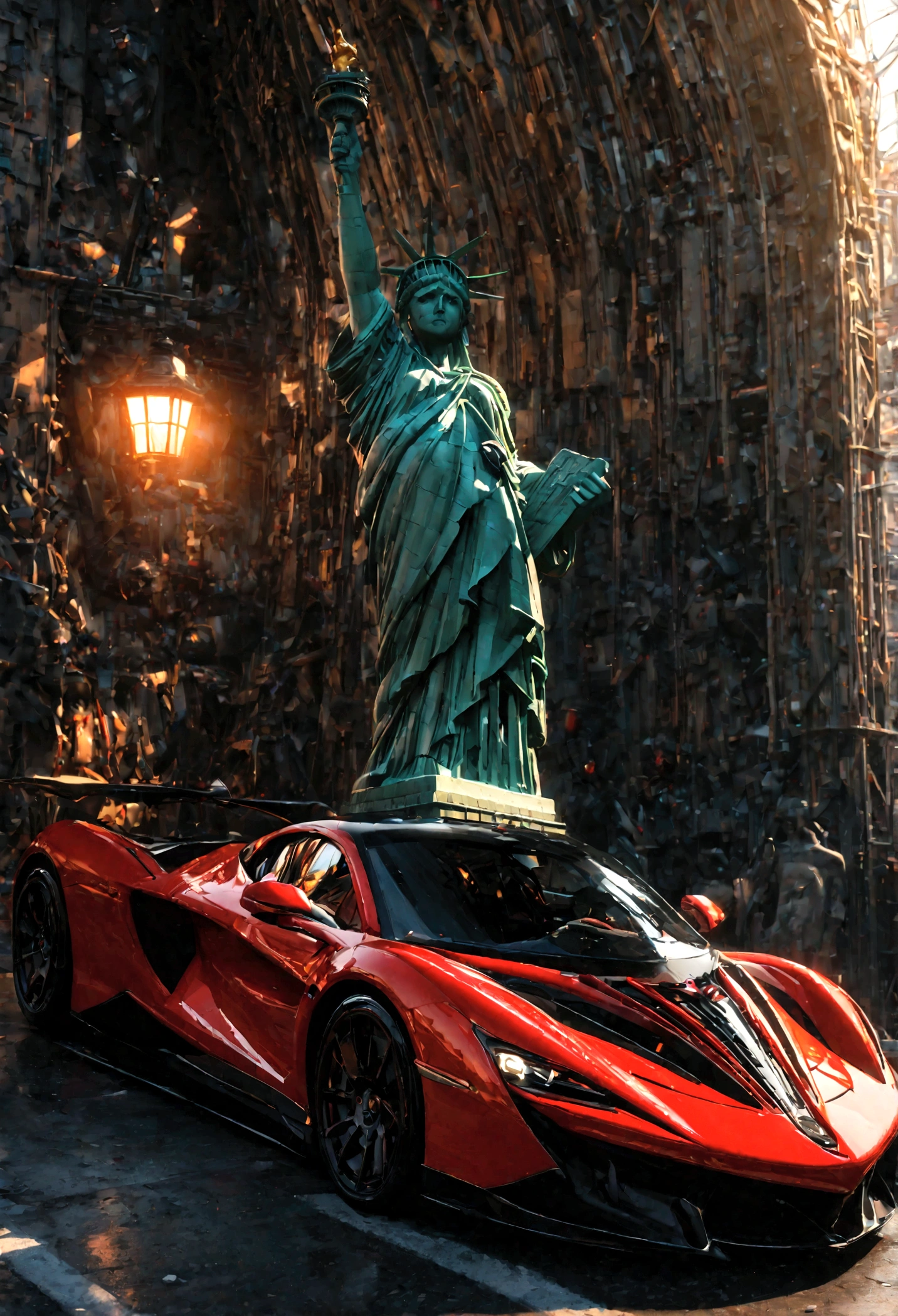 A highly detailed, hyper-realistic red and black supercar, aggressive design, with the Statue of Liberty in the background, 8k, photorealistic, cinematic lighting, octane render, studio lighting, sharp focus, vibrant colors, intricate details