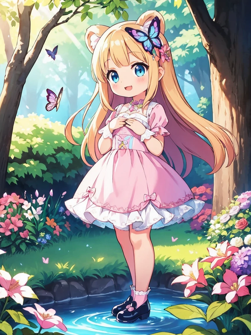 A delightful and adorable young girl stands in a charming, whimsical garden filled with vibrant flowers and fluttering butterflies. She has big, sparkling blue eyes that radiate innocence and joy, framed by long, flowing, golden hair adorned with tiny, colorful bows and delicate floral accessories. Her rosy cheeks and a bright, infectious smile make her the epitome of cuteness.
She wears a lovely, frilly dress in pastel colors, decorated with lace, ribbons, and tiny, intricate embroidery of flowers and butterflies. Her small feet are clad in shiny, patent leather shoes with little heart-shaped buckles. In her hands, she holds a cute, plush teddy bear that she hugs tightly to her chest, its fur matching her dress and eyes.
The girl's playful spirit is evident as she stands on her tiptoes, reaching out to touch a butterfly that has landed on a nearby flower. Surrounding her are whimsical elements such as glowing fireflies, a sparkling stream, and a tiny, magical fairy hovering nearby, adding an extra touch of enchantment to the scene.
The garden around her is a fairy-tale setting with a soft, warm sunlight filtering through the trees, casting dappled shadows on the ground. The air is filled with the sweet fragrance of blooming flowers and the gentle hum of bees. The atmosphere is suffused with a sense of magic and wonder, as the girl is surrounded by vibrant colors and whimsical details, making her the embodiment of sweetness and charm
