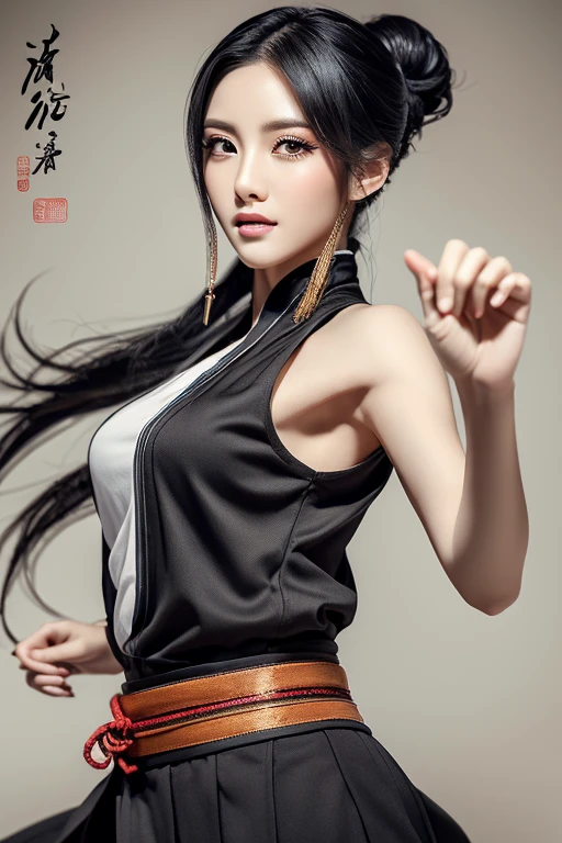 (best quality,highres,masterpiece:1.2),ultra-detailed,full body shot,beautiful detailed eyes,beautiful detailed lips,extremely detailed eyes and face,longeyelashes,sexy woman practicing Kung Fu,artwork made with traditional Chinese ink painting,graceful movements,flowing black hair,energetic and fierce expression,fit and muscular body,flexible martial arts poses,dynamic dark lighting,blending of traditional and modern elements,subtle color palette,ink wash painting style,brush strokes depicting power and elegance.