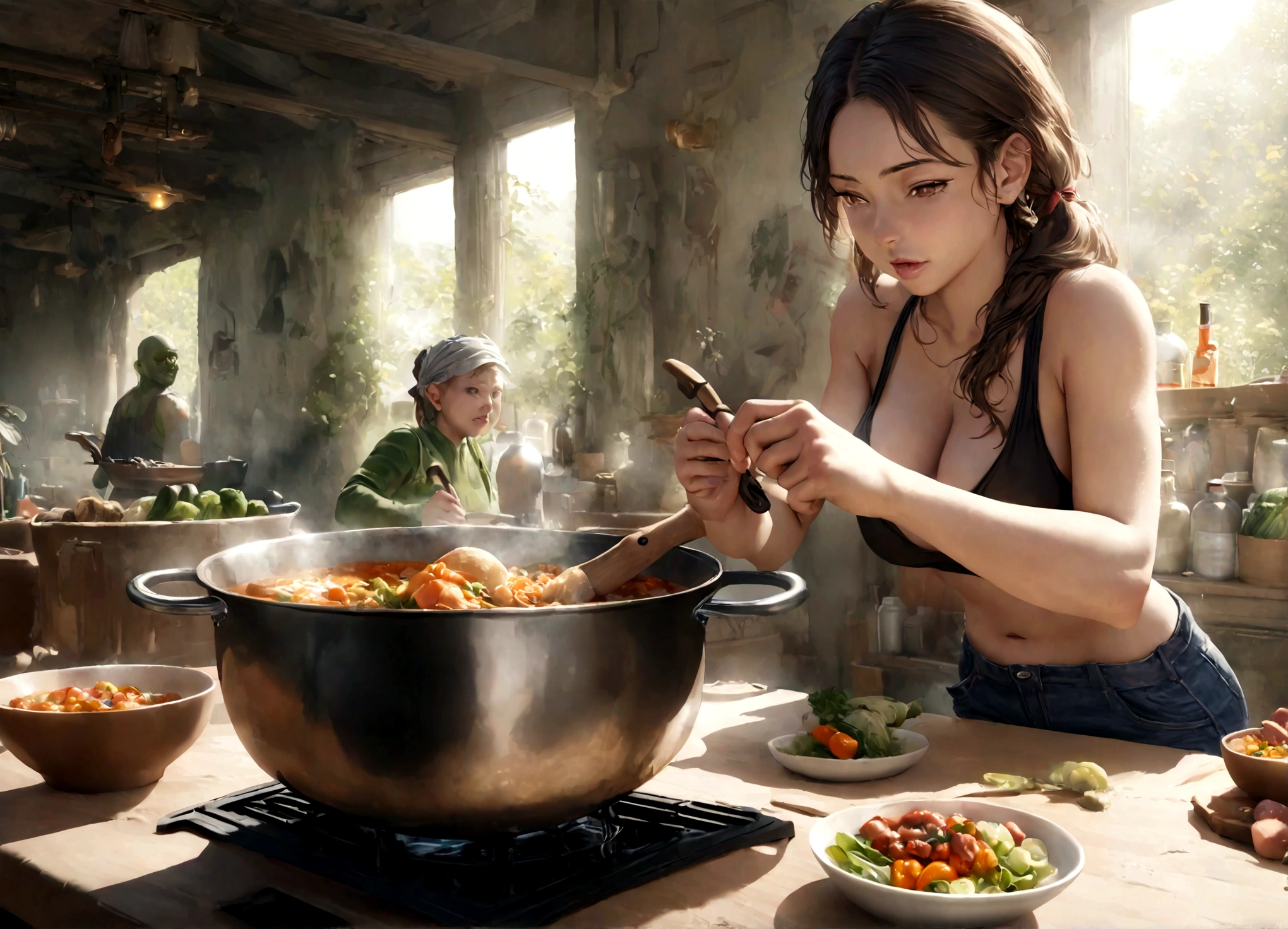 (complex, two subjects) a goblin woman with ratchet looks, large bust, big butt, a little bit fat, some missing teeth, tattoos, wearing daisy dukes and a crop top with no bra, merrily prepping a large stew pot and vegetables, glad expression, realistic, photorealistic, photo-realistic:1.37, best quality,4k,8k,highres,masterpiece:1.2,ultra-detailed,realistic lighting,vivid colors,cinematic composition,dramatic lighting,cinematic atmosphere