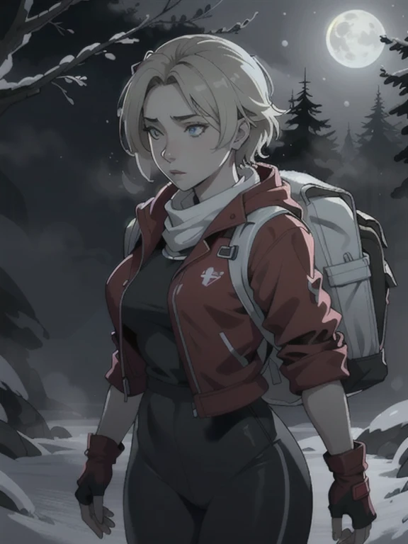 ((Best quality)), ((Masterpiece)), (detailed), (4K quality), (Detailed face:1.2), (Detailed eyes:1.2), (Perfect figure:1.2), 1girl, UDSam, solo, short hair, blonde hair, (Wearing: Red jacket, white leggings, fingerless gloves, snow boots and backpack), spooky lighting with lot of fog, foggy and snowing weather snowy, blizzard, in a forest, night time with huge white moon, upper body shot, night time ambiance, expressive eyes, gloomy atmosphere, worried expression, impeccable makeup, glossy lips, twinkling eyes, moon light scene, detailed shadows, anxiety feeling, walking
