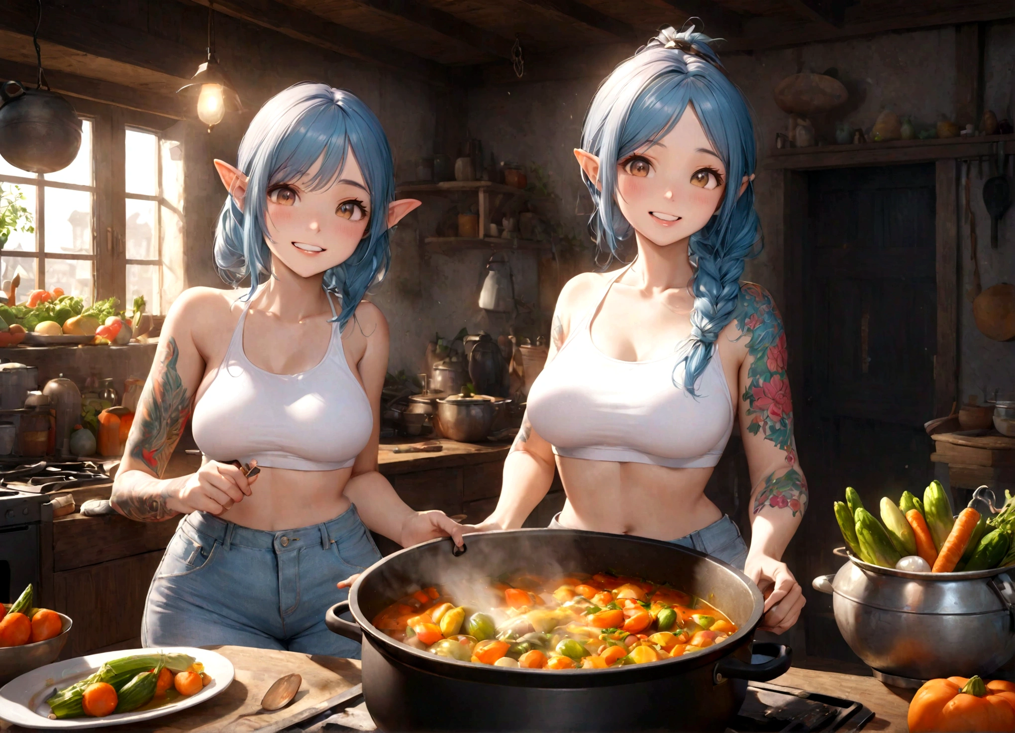 (complex, two subjects) a goblin woman with ratchet looks, large bust, big butt, a little bit fat, some missing teeth, tattoos, wearing daisy dukes and a crop top with no bra, merrily prepping a large stew pot and vegetables, glad expression, realistic, photorealistic, photo-realistic:1.37, best quality,4k,8k,highres,masterpiece:1.2,ultra-detailed,realistic lighting,vivid colors,cinematic composition,dramatic lighting,cinematic atmosphere
