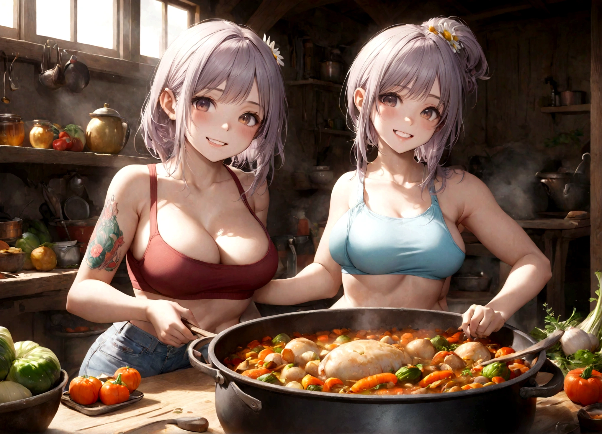 (complex, two subjects) a goblin woman with ratchet looks, large bust, big butt, a little bit fat, some missing teeth, tattoos, wearing daisy dukes and a crop top with no bra, merrily prepping a large stew pot and vegetables, glad expression, realistic, photorealistic, photo-realistic:1.37, best quality,4k,8k,highres,masterpiece:1.2,ultra-detailed,realistic lighting,vivid colors,cinematic composition,dramatic lighting,cinematic atmosphere