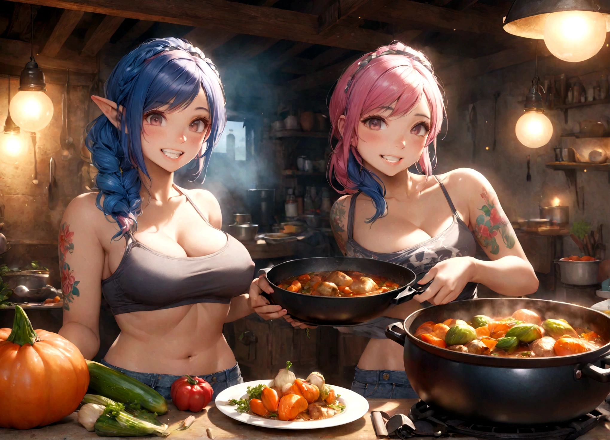 (complex, two subjects) a goblin woman with ratchet looks, large bust, big butt, a little bit fat, some missing teeth, tattoos, wearing daisy dukes and a crop top with no bra, merrily prepping a large stew pot and vegetables, glad expression, realistic, photorealistic, photo-realistic:1.37, best quality,4k,8k,highres,masterpiece:1.2,ultra-detailed,realistic lighting,vivid colors,cinematic composition,dramatic lighting,cinematic atmosphere