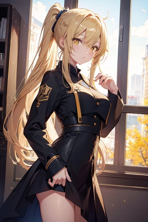 Masterpiece、Anime Coloring、Ultra fine、8k、Blonde、Ponytail、Yellow Eyes、Second dimension beautiful girl