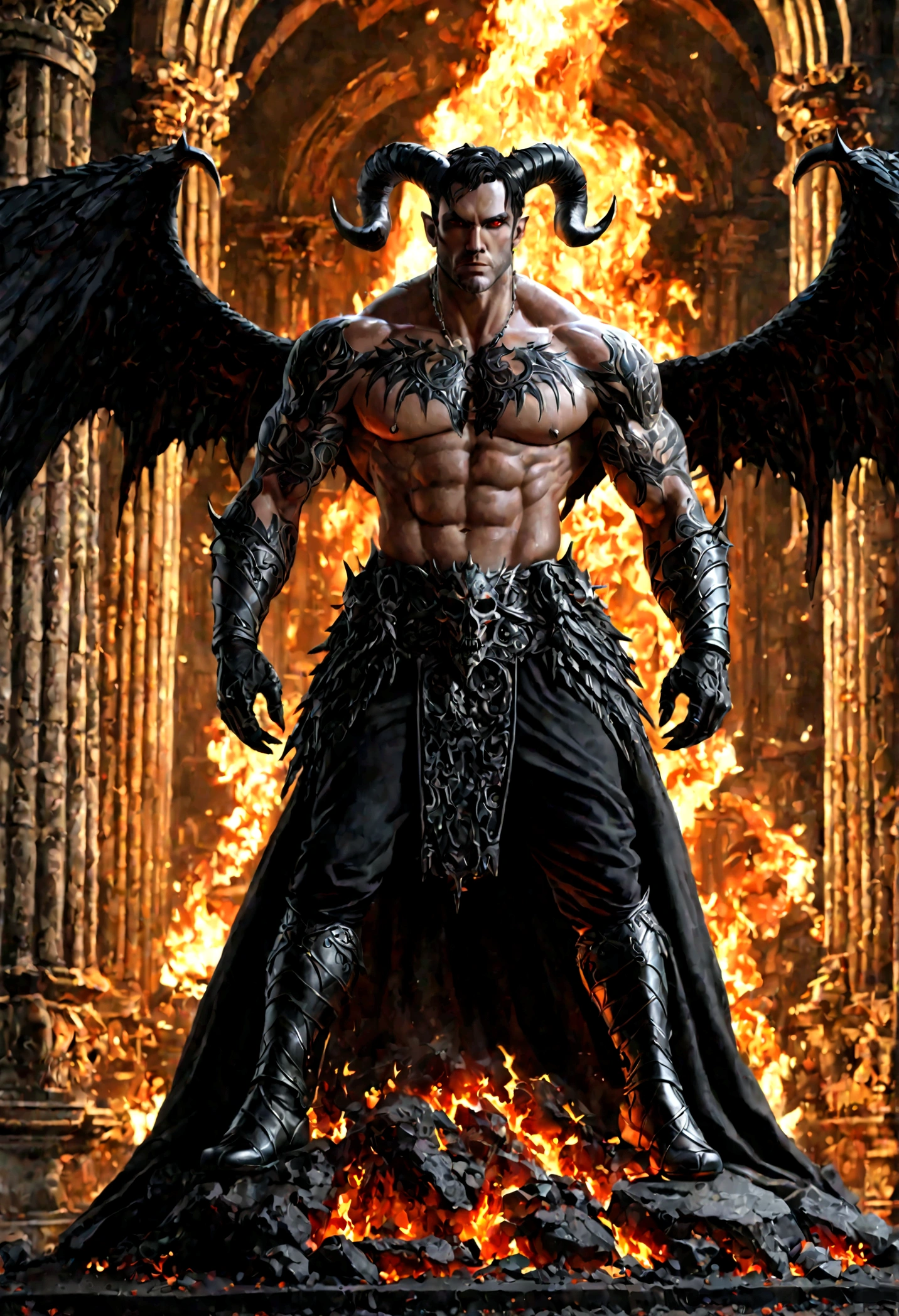 a demonic ruler, lucifer the king of hell, hyper-realistic, dark fantasy, cinematic lighting, dramatic shadows, muscular male figure, horns, obsidian black wings, long black hair, piercing red eyes, detailed facial features, chiseled jawline, intimidating presence, hellfire background, smoldering embers, gothic architecture, (best quality,4k,8k,highres,masterpiece:1.2),ultra-detailed,(realistic,photorealistic,photo-realistic:1.37),cinematic,dramatic,dark,moody,epic