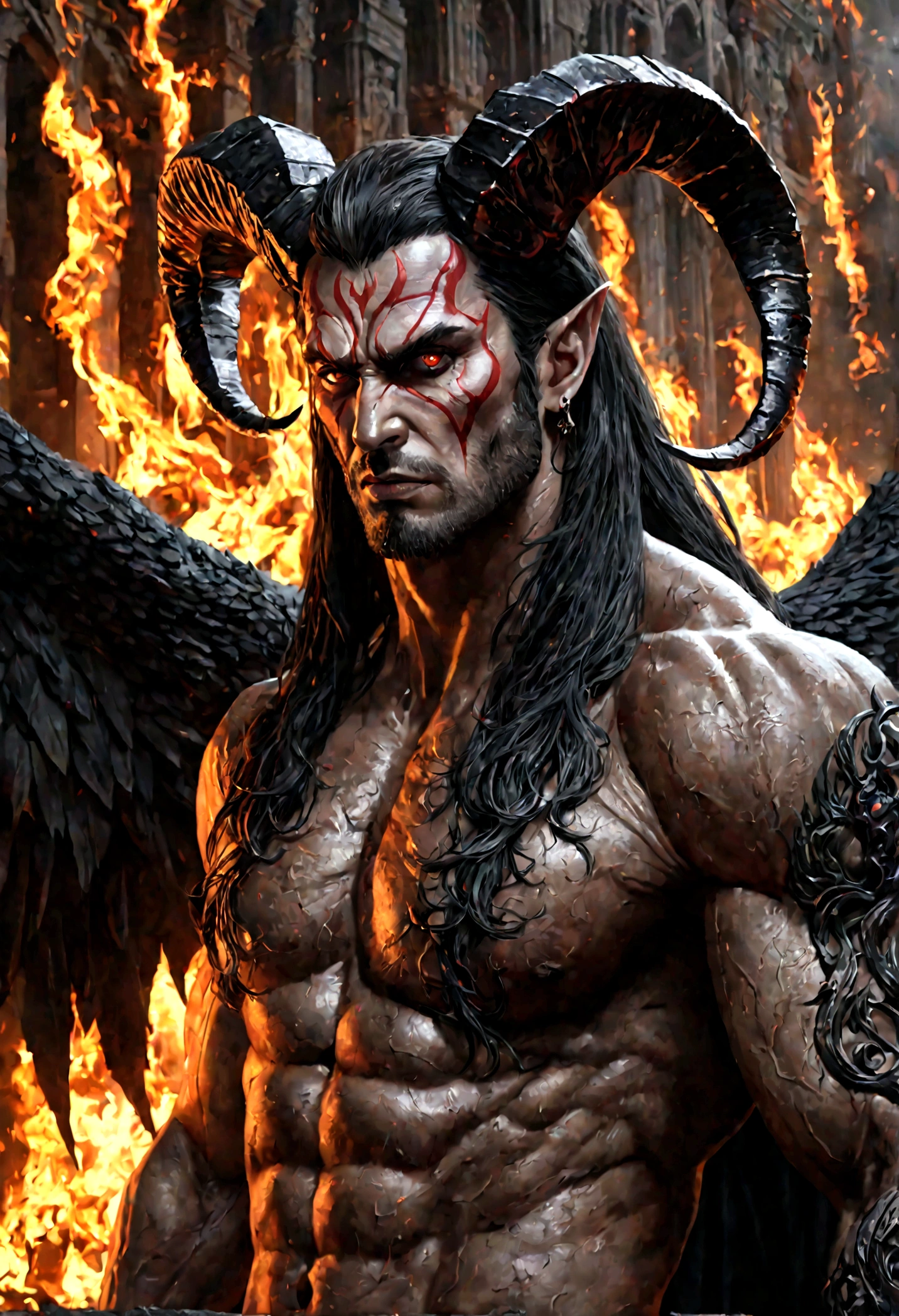 a demonic ruler, lucifer the king of hell, hyper-realistic, dark fantasy, cinematic lighting, dramatic shadows, muscular male figure, horns, obsidian black wings, long black hair, piercing red eyes, detailed facial features, chiseled jawline, intimidating presence, hellfire background, smoldering embers, gothic architecture, (best quality,4k,8k,highres,masterpiece:1.2),ultra-detailed,(realistic,photorealistic,photo-realistic:1.37),cinematic,dramatic,dark,moody,epic