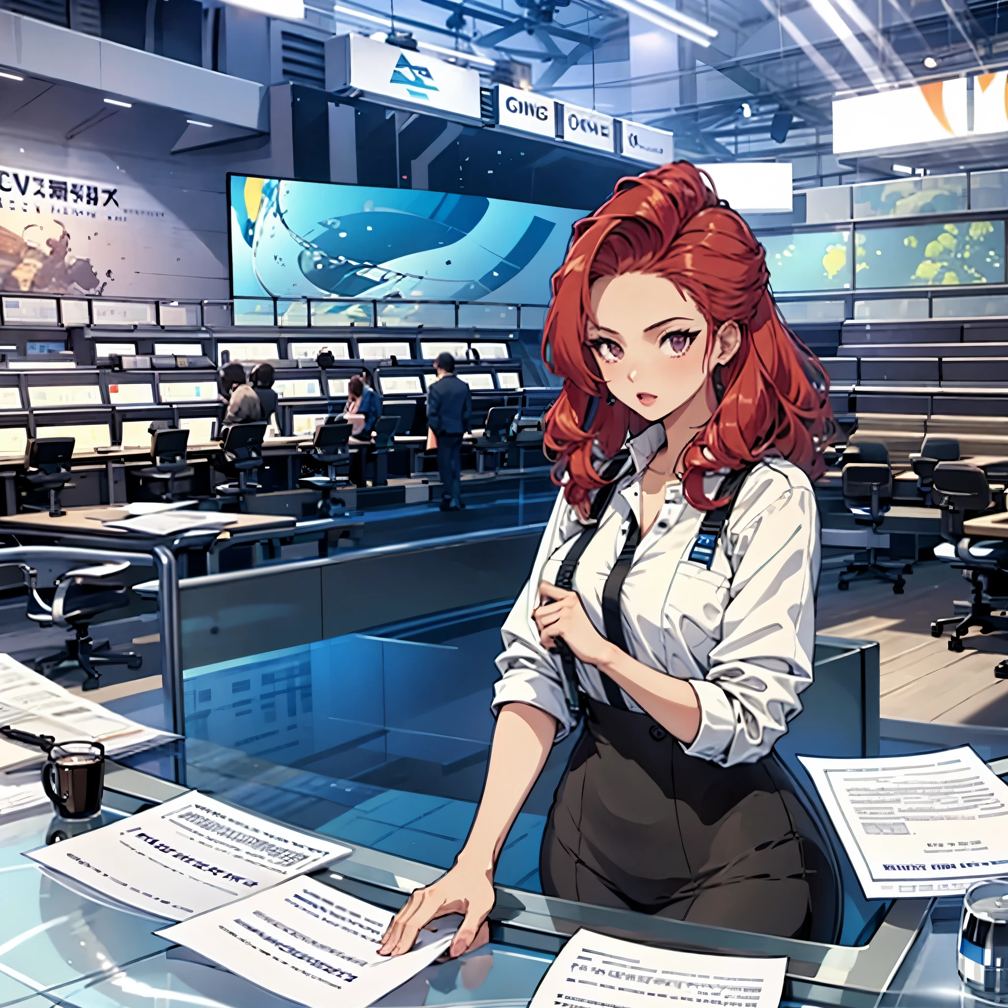 2 girls sitting behind a desk, stunning hair, 90s aesthetics, news studio, large city is the background, papers are spread the desk, breaking news