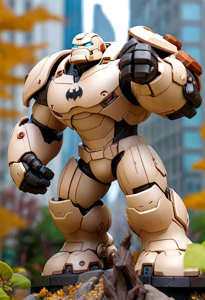 a small rusty old white hulkbuster x batman  figure, wear dirty cloak, IN THE CITY PARK, black steel mecha accent, hero pose, bird eye view, holding a sword, dieter ram style, trees