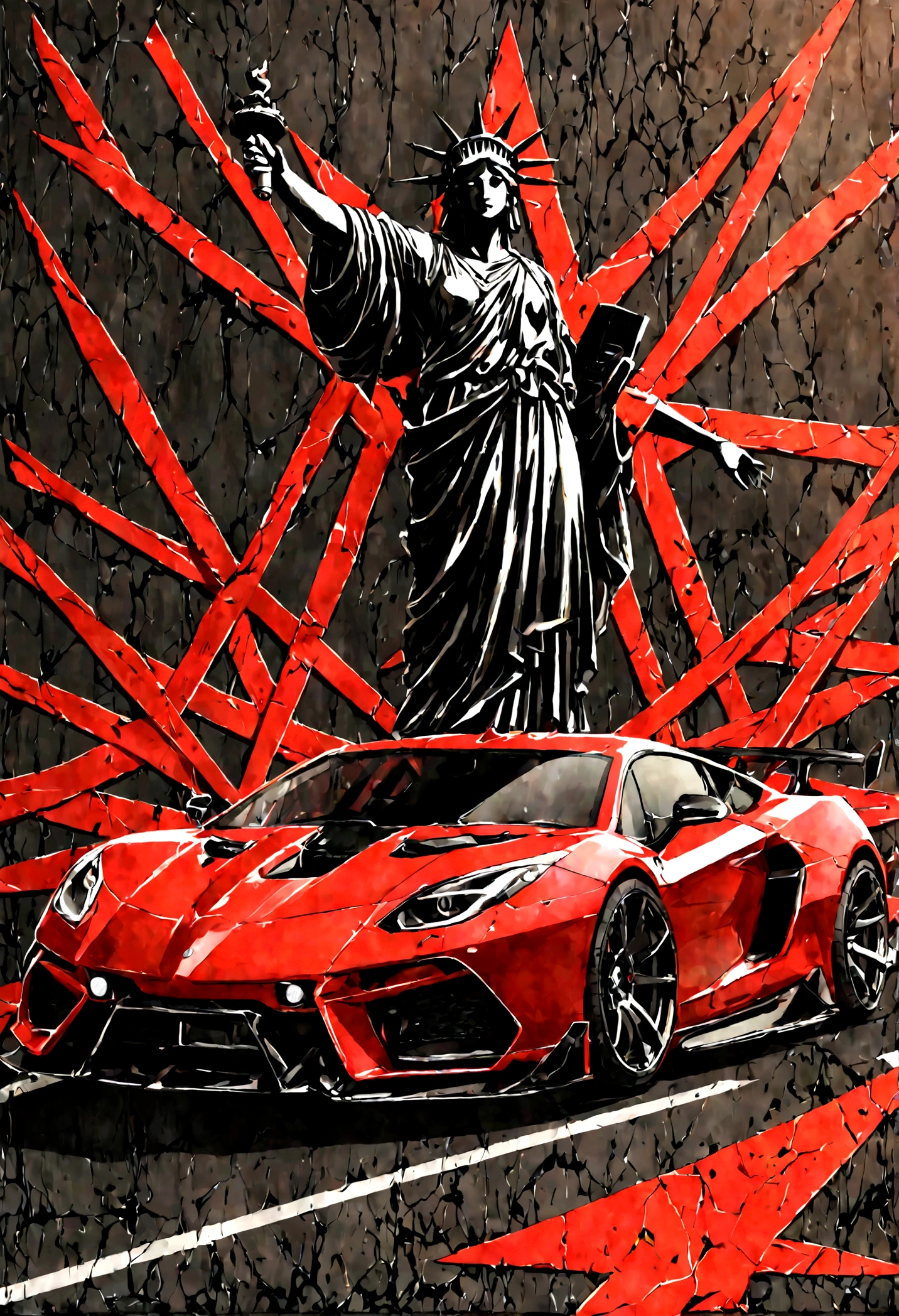 auto superdeportivo rojo y negro. aggressive design. con la estatua de la libertad de fondo